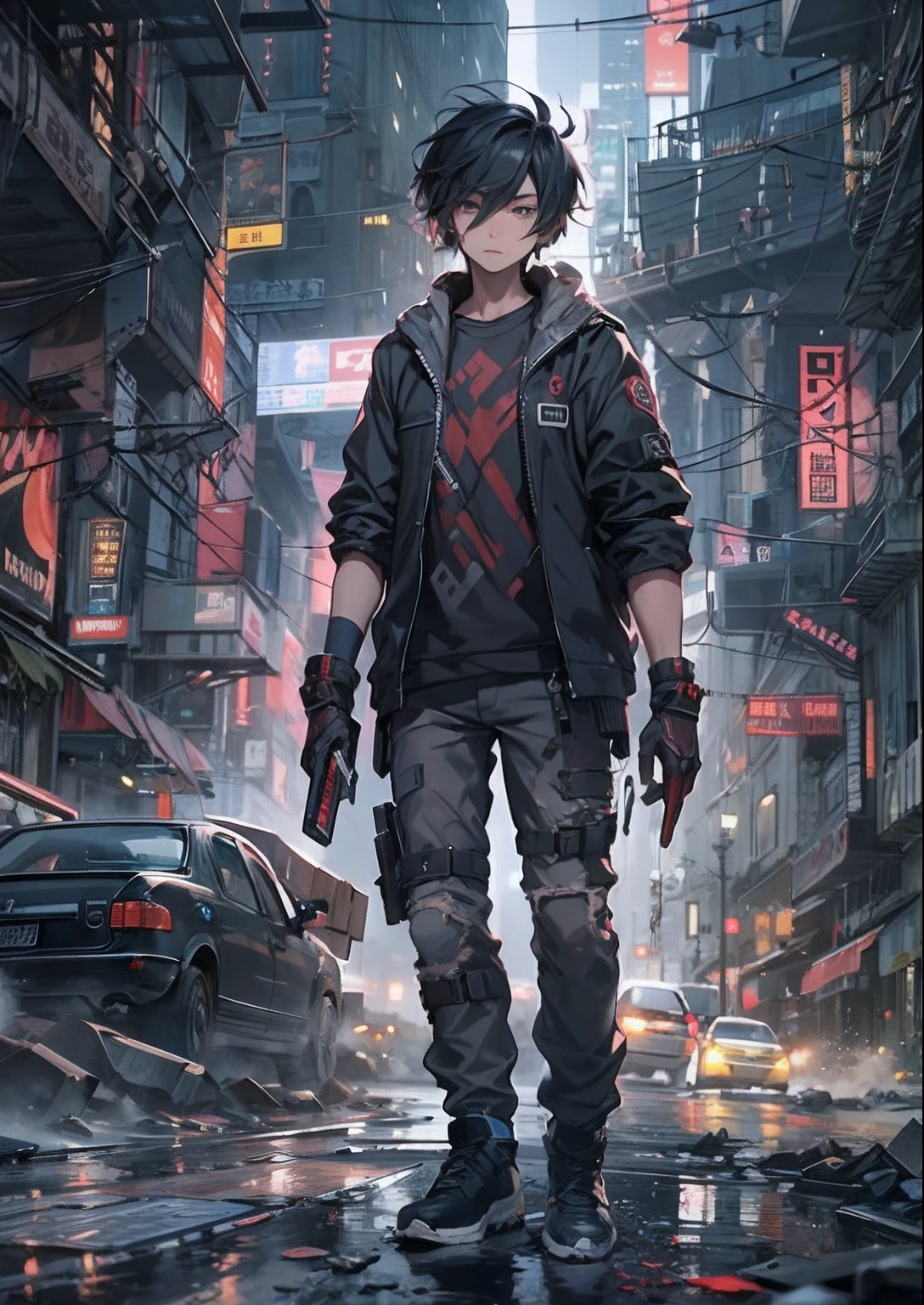 1boy,a 13 yo boy、Cyberpunk Boy、katanas,Spiky hairstyle、Tank Tops、Whole body bloody、Pulling composition、The beginning of the adventure、Lots of clouds,heavy fog、Chaotic city of the future、ruined and devastated city、dystopian、A group of very complex buildings stands in the center、Highly complex Chinese buildings、Pretty dim lighting、Dark road、puddles、Chaotic landscape、Beautiful and fantastic scenery、Cinematic scenery、hightquality、masutepiece,8K、hight resolution、ultra-detailliert,
