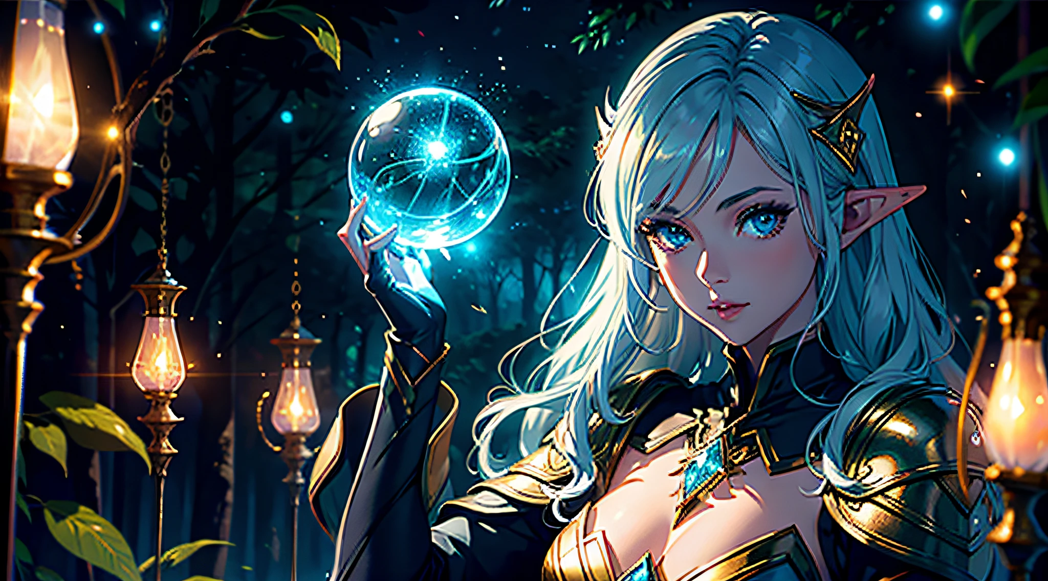 1 beautiful female high elf is holding and looking at a luminous crystal orb, elfic forest in the background, depth of field, glowing lights, fantasy theme, night, dynamic composition, ultra definition, ultra resolution, intricate details, volumetric light, soft lighting
