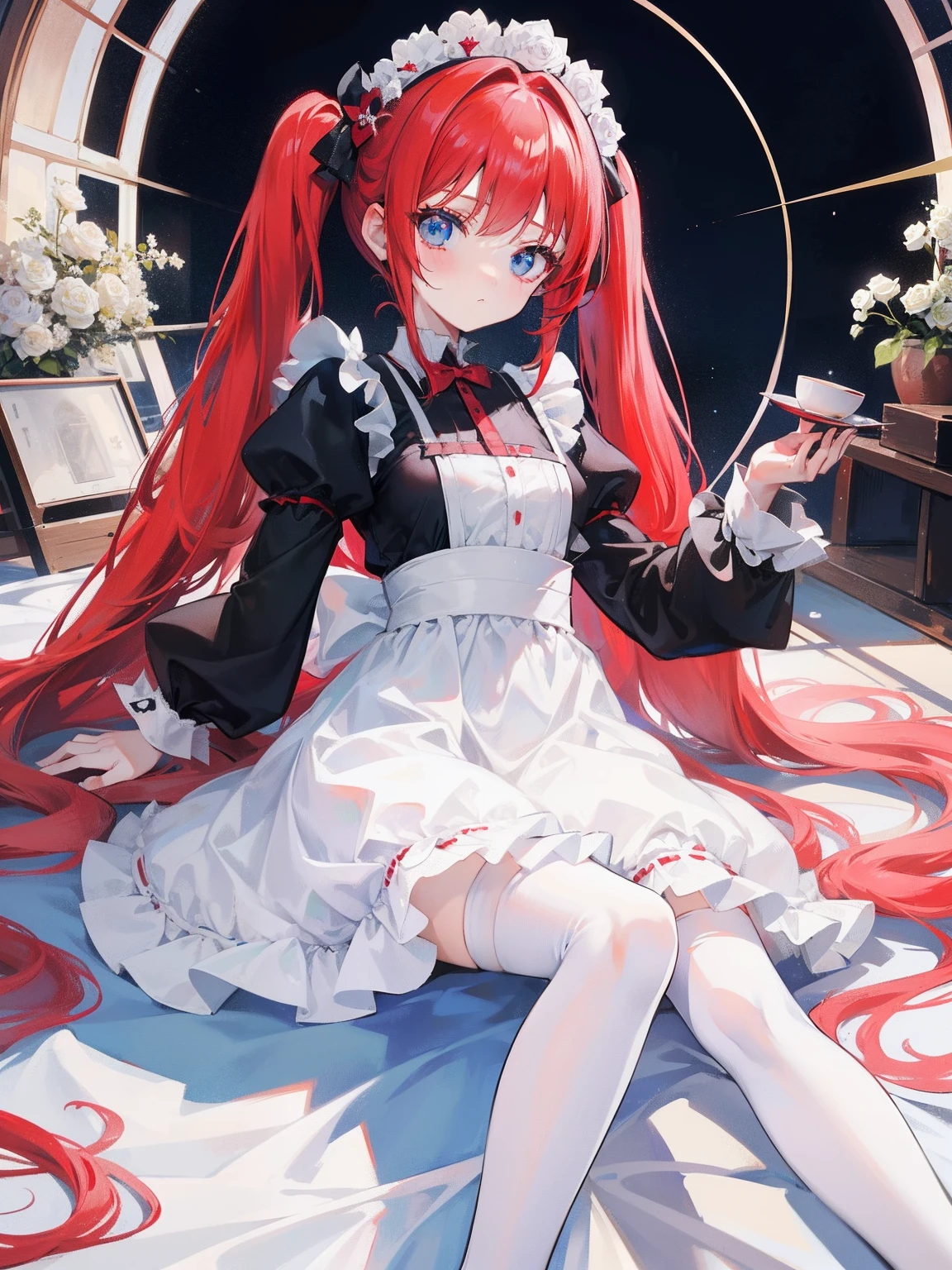 red hair,blue eyes,twintails,maid, long hair, long sleeves, gothic, solo, loli,Short skirt, white stockings,{{best quality}}, {{masterpiece}}, {{ultra-detailed}}, {illustration}, {detailed light}, {an extremely delicate and beautiful}, girl,cute,white roses