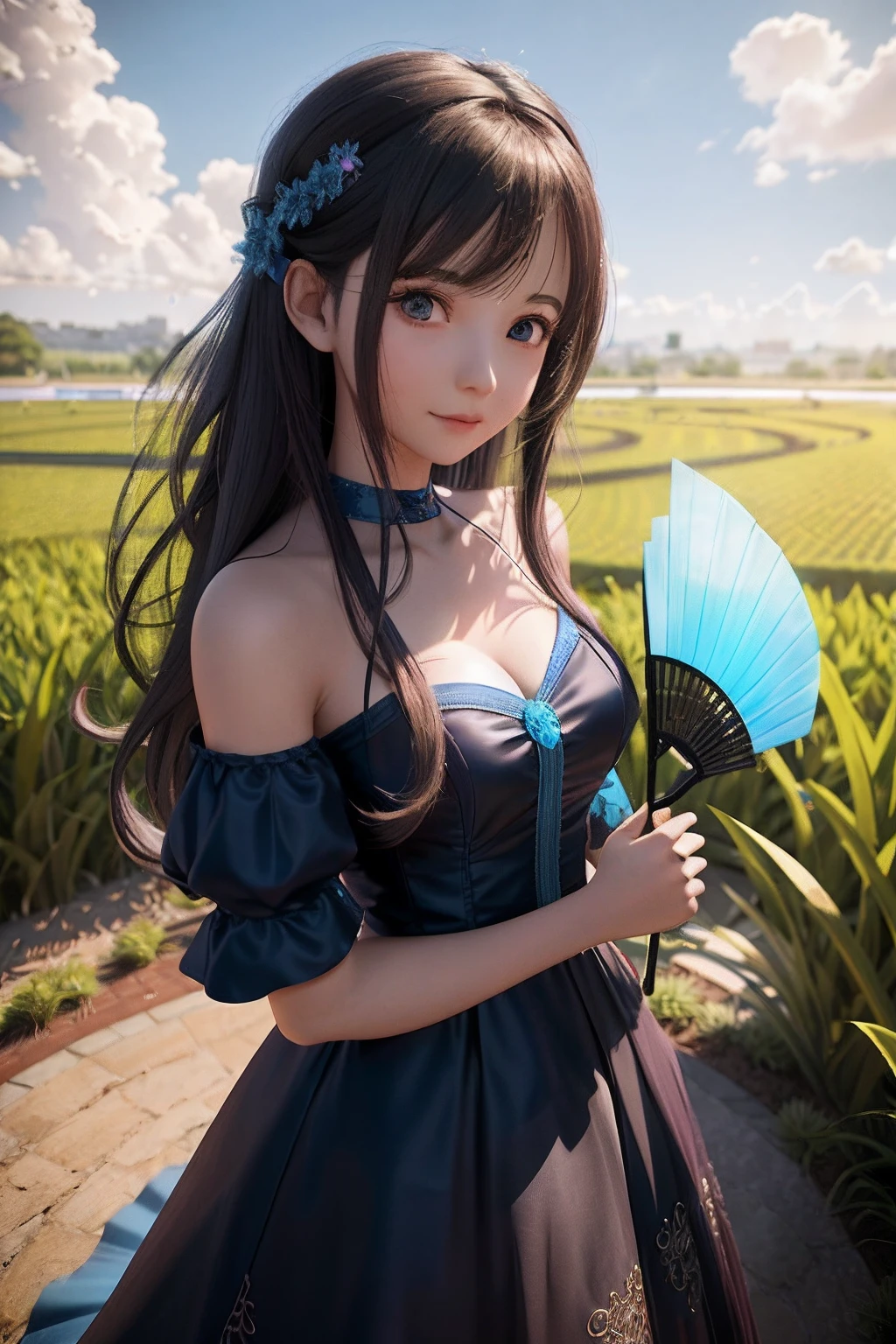 There was a woman in a dress holding a blue fan, Guviz-style artwork, Realistic anime 3 D style, 3 d anime realistic, Beautiful anime girl, photorealistic anime girl rendering, Beautiful digital artwork, Detailed digital anime art, cute anime waifu in a nice dress, Anime style. 8K, Photorealistic anime, Digital anime art