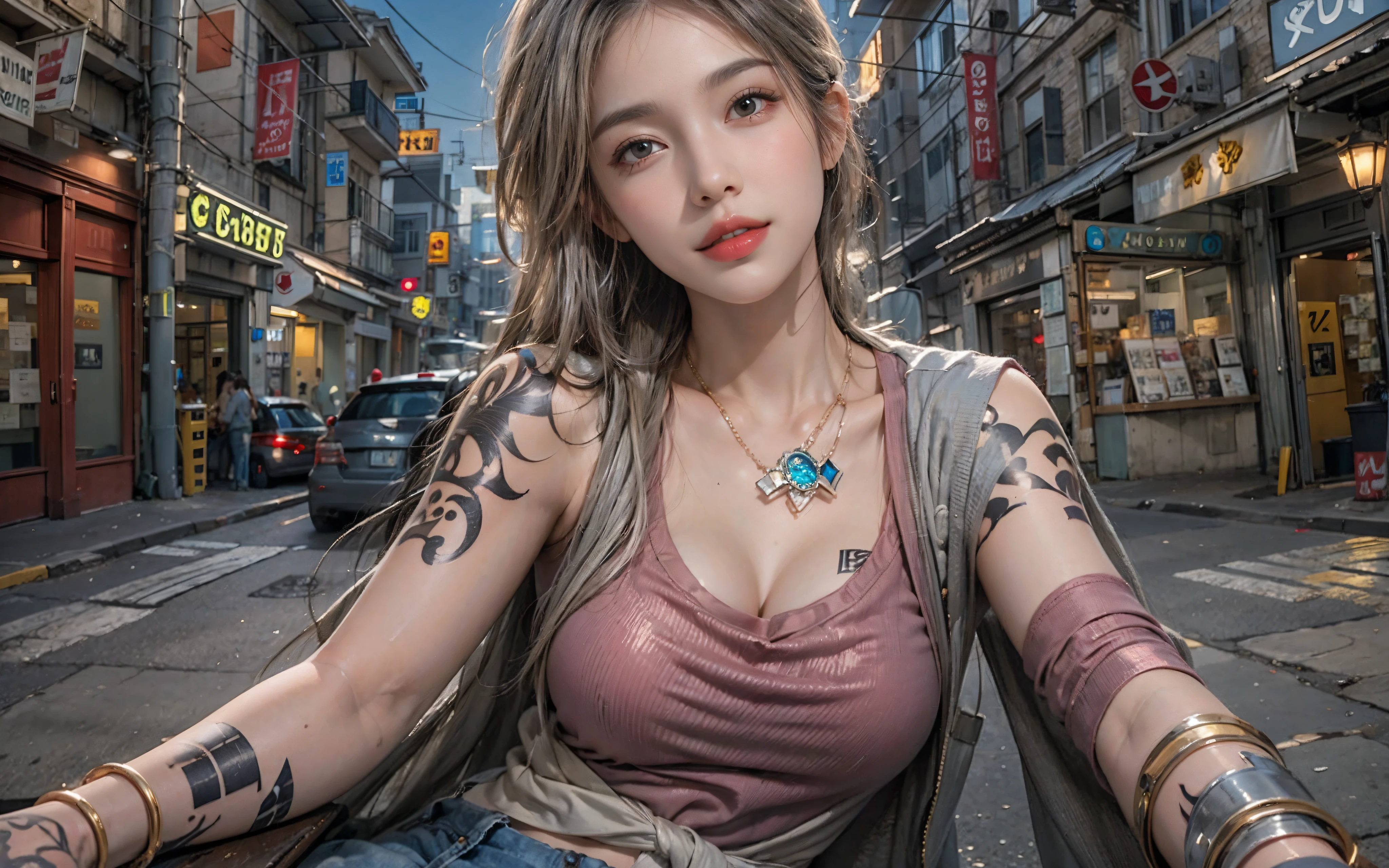 Photorealistic, High resolution, Soft light,1womanl, Solo, hips up high, (Detailed face),The tattoo, Jewelry, street wear, Beautiful Soldier, An eye that invites the viewer, Lover's perspective, inviting expression, Sexy smile, Perfect Style, Perfect balance, Detailed skin, Naughty gaze, Chest visible
