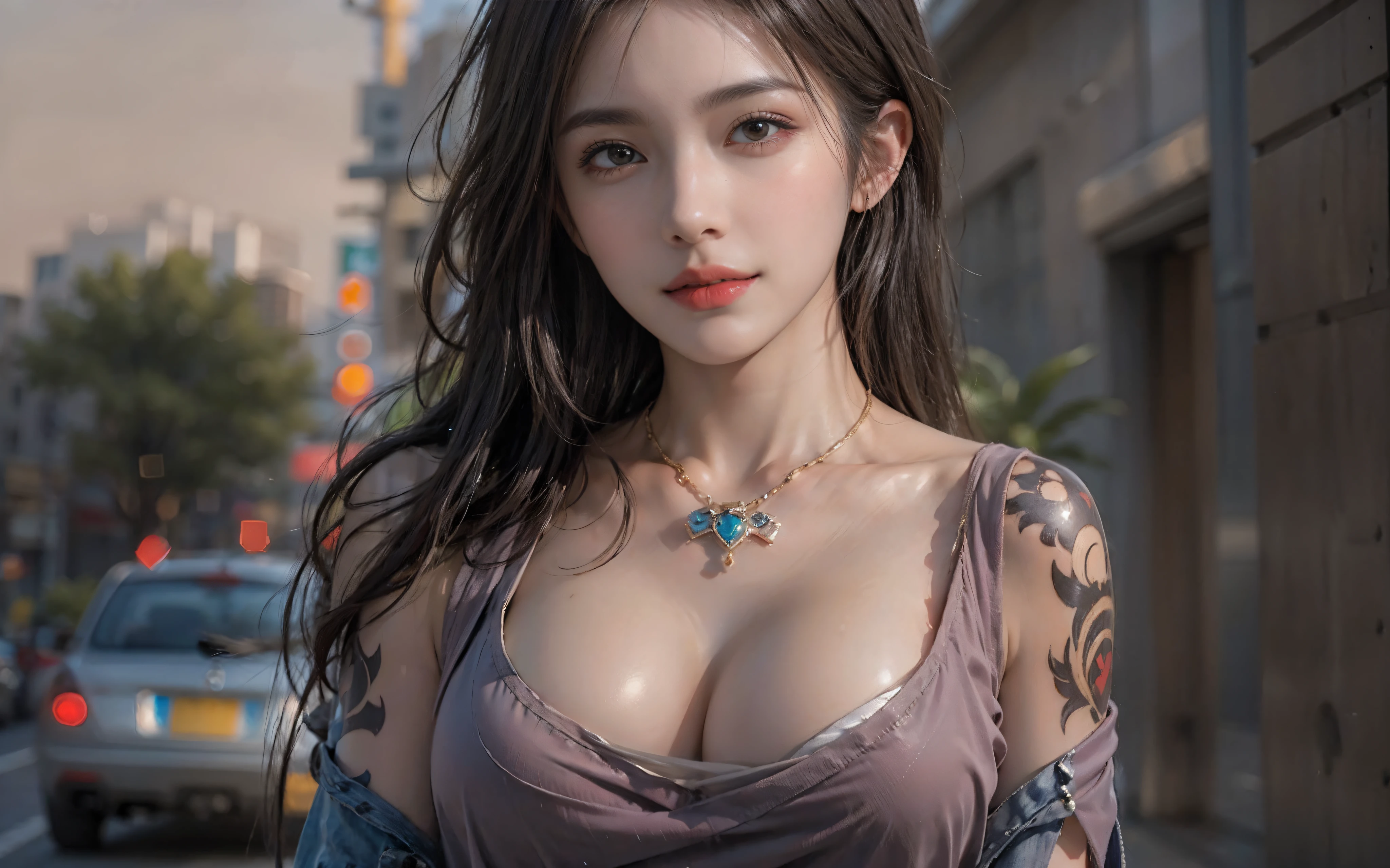 Photorealistic, High resolution, Soft light,1womanl, Solo, hips up high, (Detailed face),The tattoo, Jewelry, street wear, Beautiful Soldier, An eye that invites the viewer, Lover's perspective, inviting expression, Sexy smile, Perfect Style, Perfect balance, Detailed skin, Naughty gaze, Chest visible
