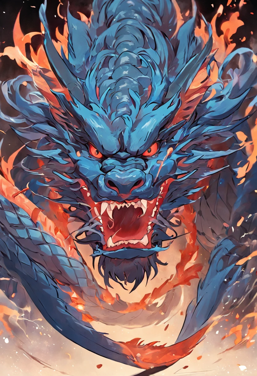 Dragon made of pure fire turned slightly to the right, made of pure fire, facing slightly to the right, close up, red dragon, dragon extremely close to the viewer, open mouth, wide open fire mouth