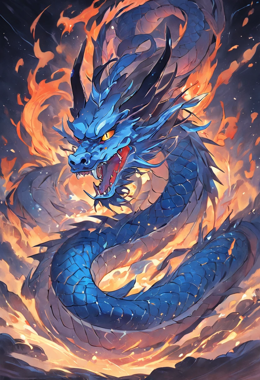 A dragon with blue flames, An exaggerated perspective, Unique yokai illustration, Details of realism, Qi Baishi style --niji 5 --relax  --ar 16:9