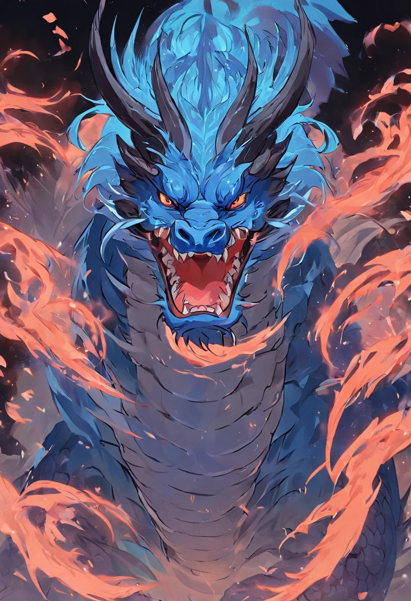 A dragon with blue flames, An exaggerated perspective, Unique yokai illustration, Details of realism, Qi Baishi style --niji 5 --relax --ar 16:9
