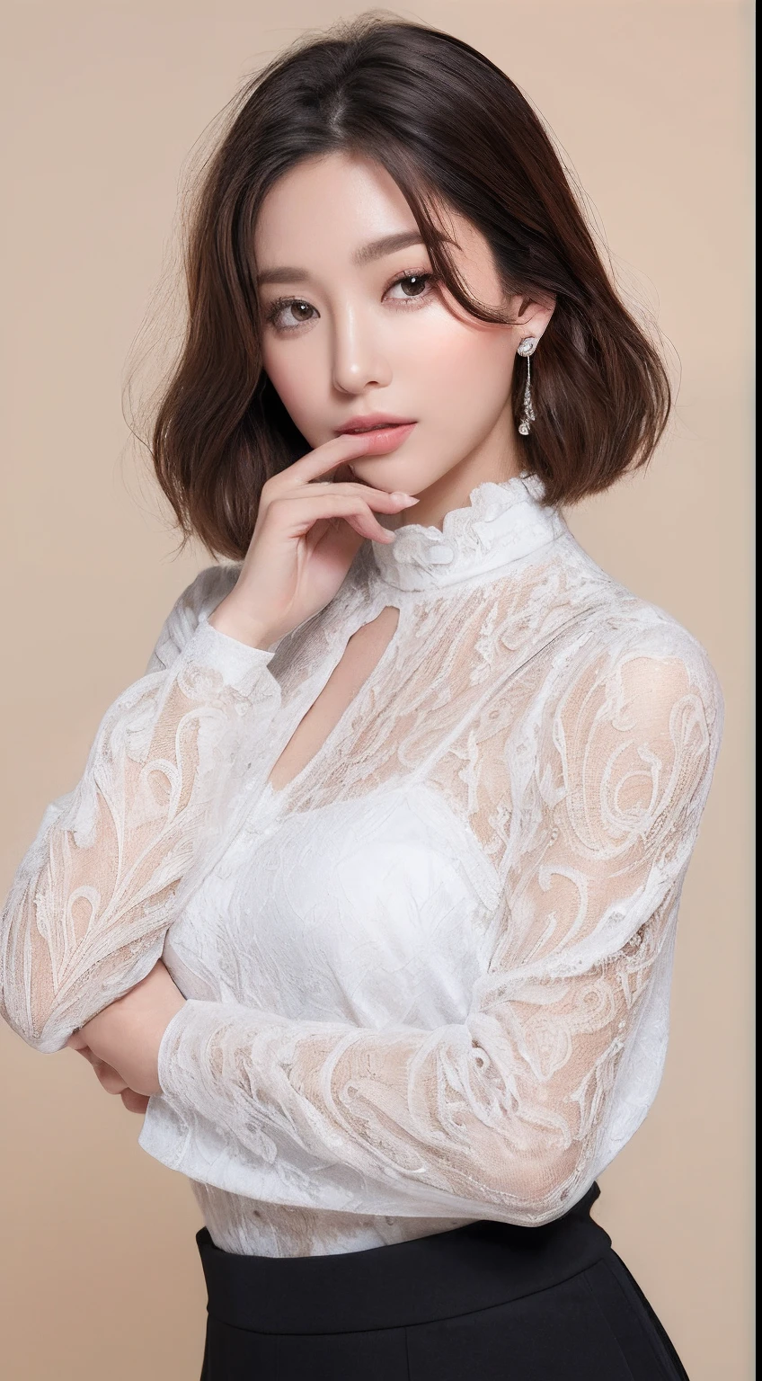 ((top-quality、8K、masterpiece:1.3))An ultra-high picture quality、Real Skin 1.3、Marble background、Full body depiction 1.3、1人、Glamour beautiful woman:1.3、Cool Beauty(Light brown shorthair、huge-breasted:1.2)、sexy facial expression、big eye、Long Sleeve Black Lace High Neck Shirt:1.1、hyperdetailed face、ultradetailed eyes、super-detaild skin、Ultra detailed hands、Ultra-detailed fingertips on the face、Super detail beautiful legs、Super detailed beautiful hair、Ultra-detailed cloth、put one's hand over one's mouth、Korean Beauties、black lace skirt、piercings、beautiful and long legs、high-heels、Standing like a model、Walking、Stretching legs
