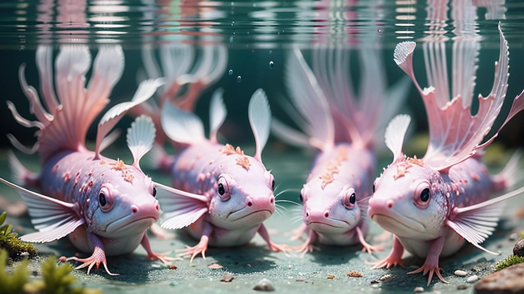 Different colour axolotls swimming in clear water --auto --s2