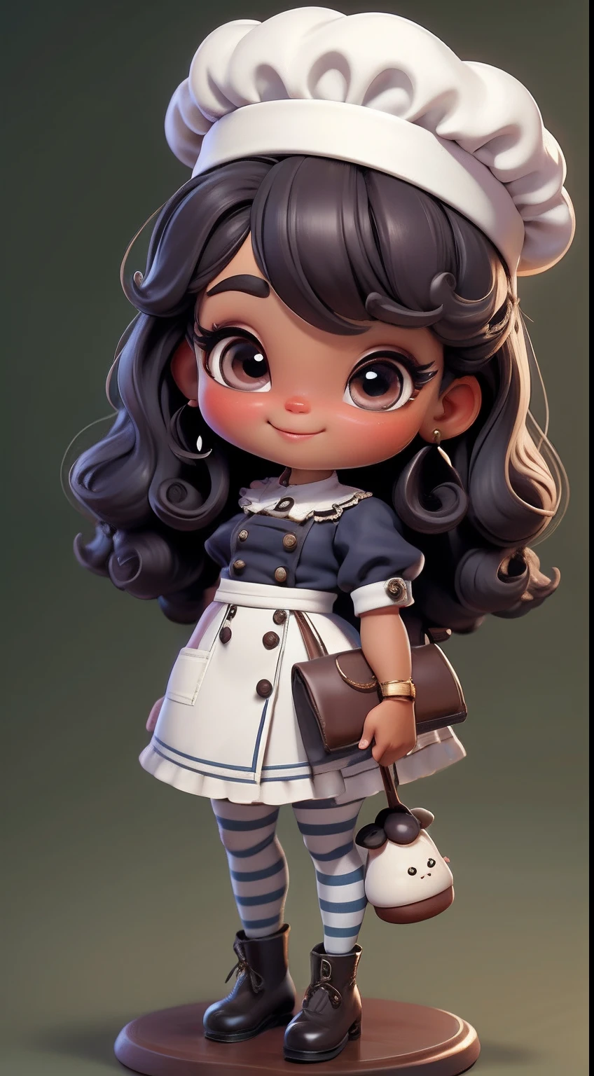 Create a series of cute baby chibi style afro dolls with a cute pastry chef theme, each with lots of detail and in an 8K resolution. All dolls should follow the same solid background pattern and be complete in the image, mostrando o (corpo inteiro, incluindo as pernas: 1.5)
Boneca Mini Chef: Chame-a de Marina. Ela deve ter cabelo pequeno em tom preto marrom. Seus olhos devem ser grandes e expressivos, with long eyelashes and rosy cheeks. Sorriso delicado e branco. Sophie deve estar vestida com uma jaqueta de chef, striped pants and an ornate chef's hat. She must hold a chocolate brigadier in her hands. Certifique-se de adicionar detalhes nas roupas, such as buttons and pockets, sapato bonito
Certifique-se de adicionar sombras, texturas e detalhes nos cabelos, roupas, confectionery utensils, to make them even more adorable and charming.
