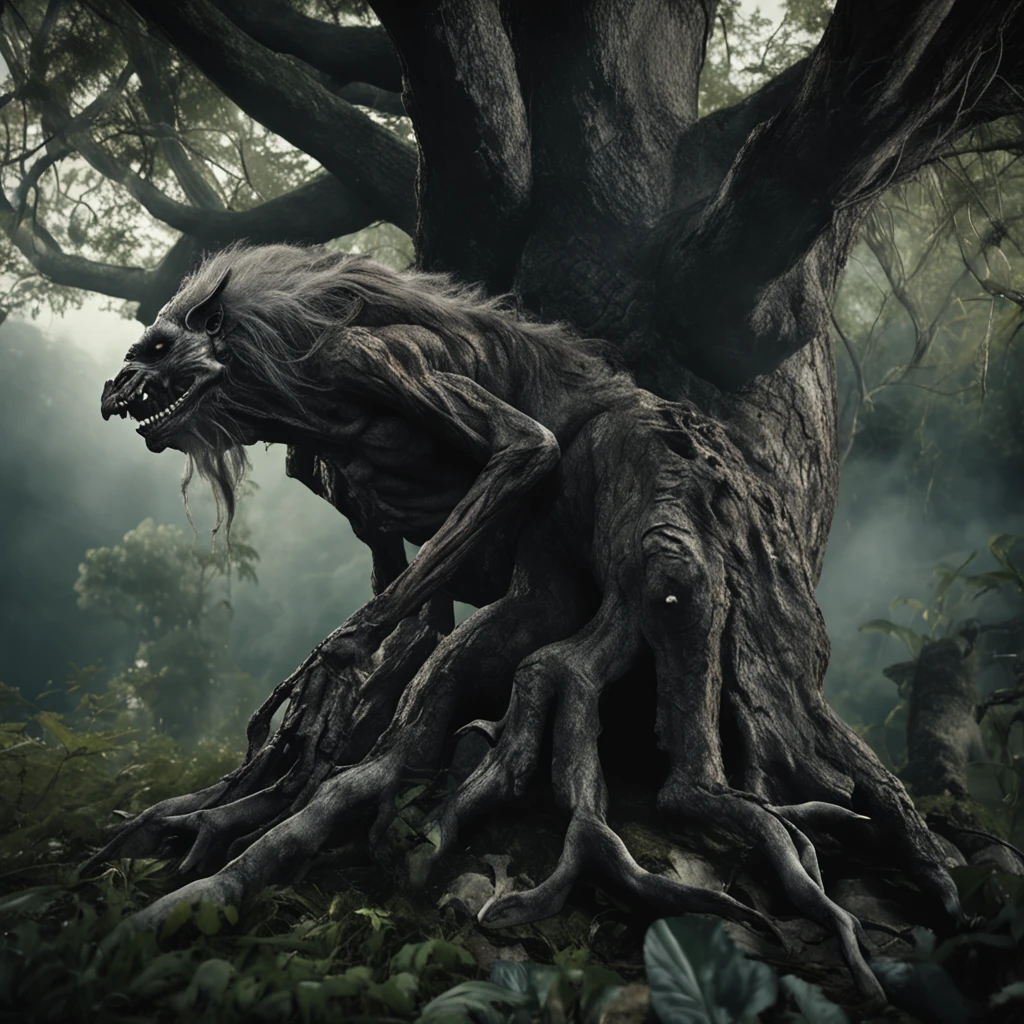 scary giant tree-dwelling creature smoking a cigarette at night, body: robust, hairy, and muscular, texture: aged bark, head: long gray hair, body color: black, eye color: green, fingers: long and hardened claws, location: leans back against an old tree while smoking cigarette, action: smoking cigarette, atmosphere: drenched in shadows, color: deep and rich dark tones, perspective: lower angle, emotions: unease, fascination, resolution: high resolution, cinematic, hyper-realistic, detailed.
