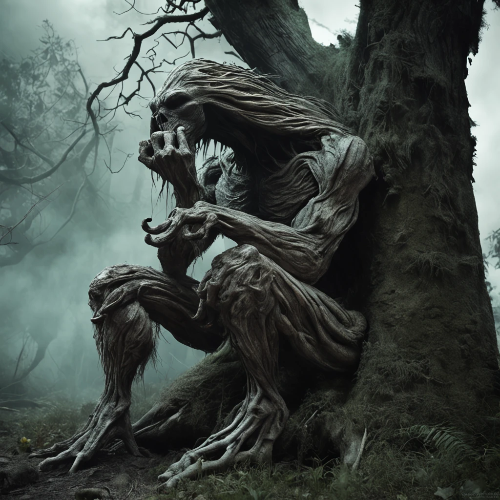 scary giant tree-dwelling creature smoking a cigarette at night, body: robust, hairy, and muscular, texture: aged bark, head: long gray hair, body color: black, eye color: green, fingers: long and hardened claws, location: leans back against an old tree while smoking cigarette, action: smoking cigarette, atmosphere: drenched in shadows, color: deep and rich dark tones, perspective: lower angle, emotions: unease, fascination, resolution: high resolution, cinematic, hyper-realistic, detailed.