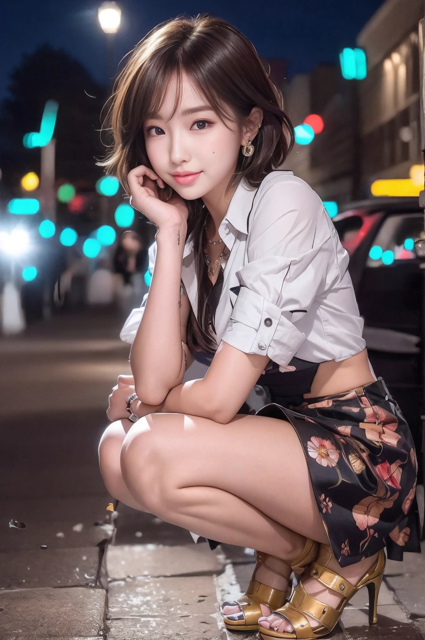((top quality, 8k, masterpiece: 1.3, raw photo)), Sharp Focus: 1.2, (1 aespa girl: 1.2), (Realistic, Photorealistic: 1.37), (face focus: 1.1), cute face, small breasts, flat chest, short messy hair, (long button white shirt: 1.1), she is rolling up her skirt, showing white panties, Beautiful Woman Sitting Under Street Lamp Light, cinematic lighting