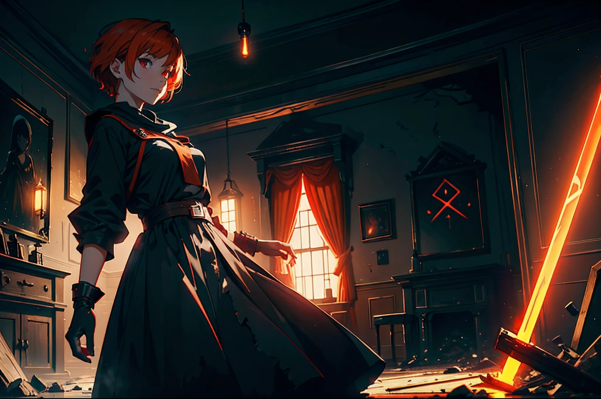 Aberrant colours, best quality, cinematic lighting, highest resolution, 8k, young woman, 1 girl, solo, red eyes, short hair, orange hair, maid_dress, wearing black cloak with glowing runes, smile, nimble figure, cute pose, holding a lightsaber, standing, looking at viewer from the side, destroyed inner room of a household as background