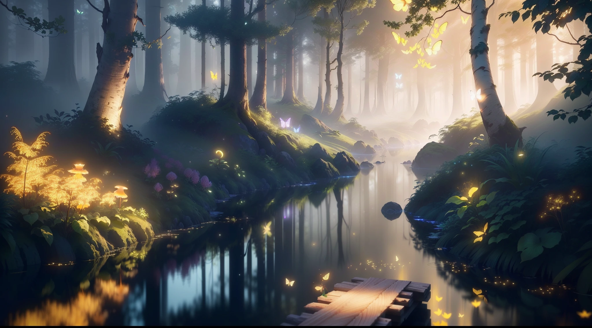 A masterpiece, the best quality, stunning reflections, the best reflections ever. (very detailed CG unity 8k wallpapers), (best quality), (best illustrations), (best shadows), forest theme with natural elements. Tall trees, quiet streams, small glowing mushrooms surrounded by delicate leaves and branches, with fireflies and glowing particle effects,, (natural elements), (jungle theme), (leaves), (twigs), (fireflies), butterflies, (delicate leaves), (glow), (particle effects). , Isometric 3D, Octane Rendering, Ray Traced, Super Detailed