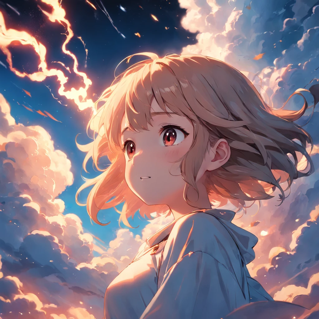 masterpiece, best quality, movie still, 1girl, cloud girl, floating in the sky, close-up, bright, happy, warm soft lighting, sunset, (sparks:0.7)