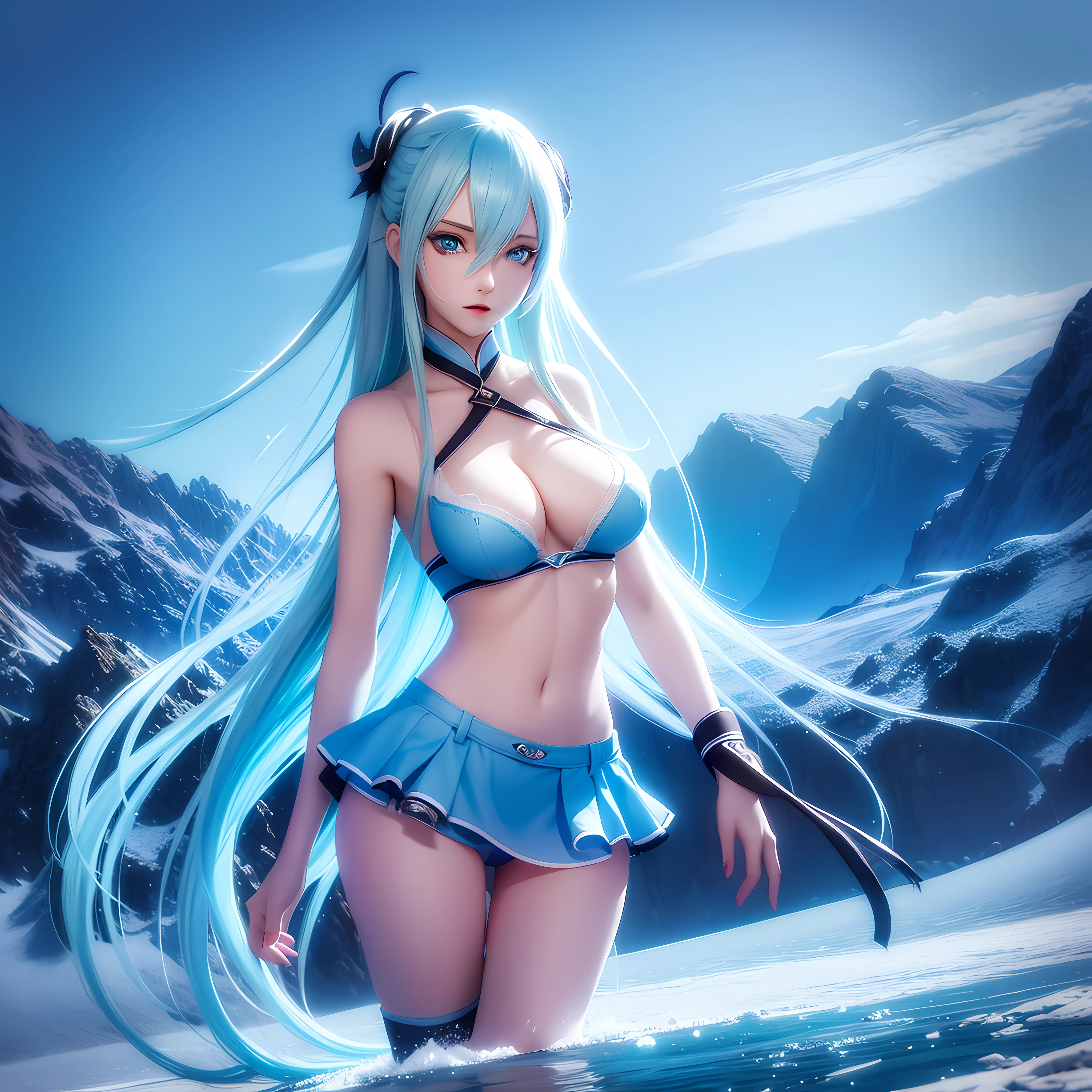 1girl, long ice blue hair, blue eyes, wearing bra, skirt shorts, landscape, absurdres, high res, ultrasharp, 8K, masterpiece, looking at viewer