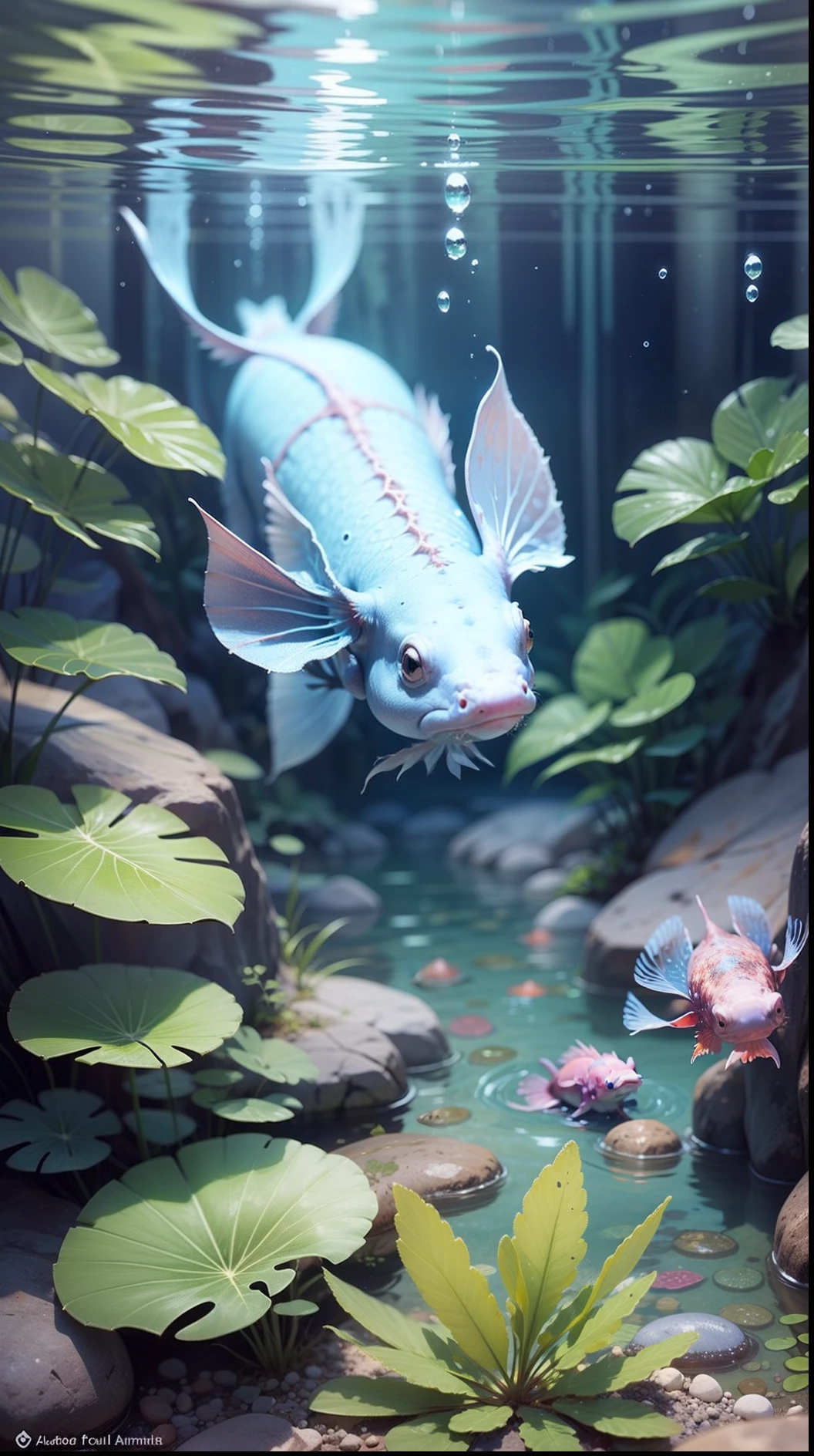 blue colour axolotls swimming in clear water --auto --s2