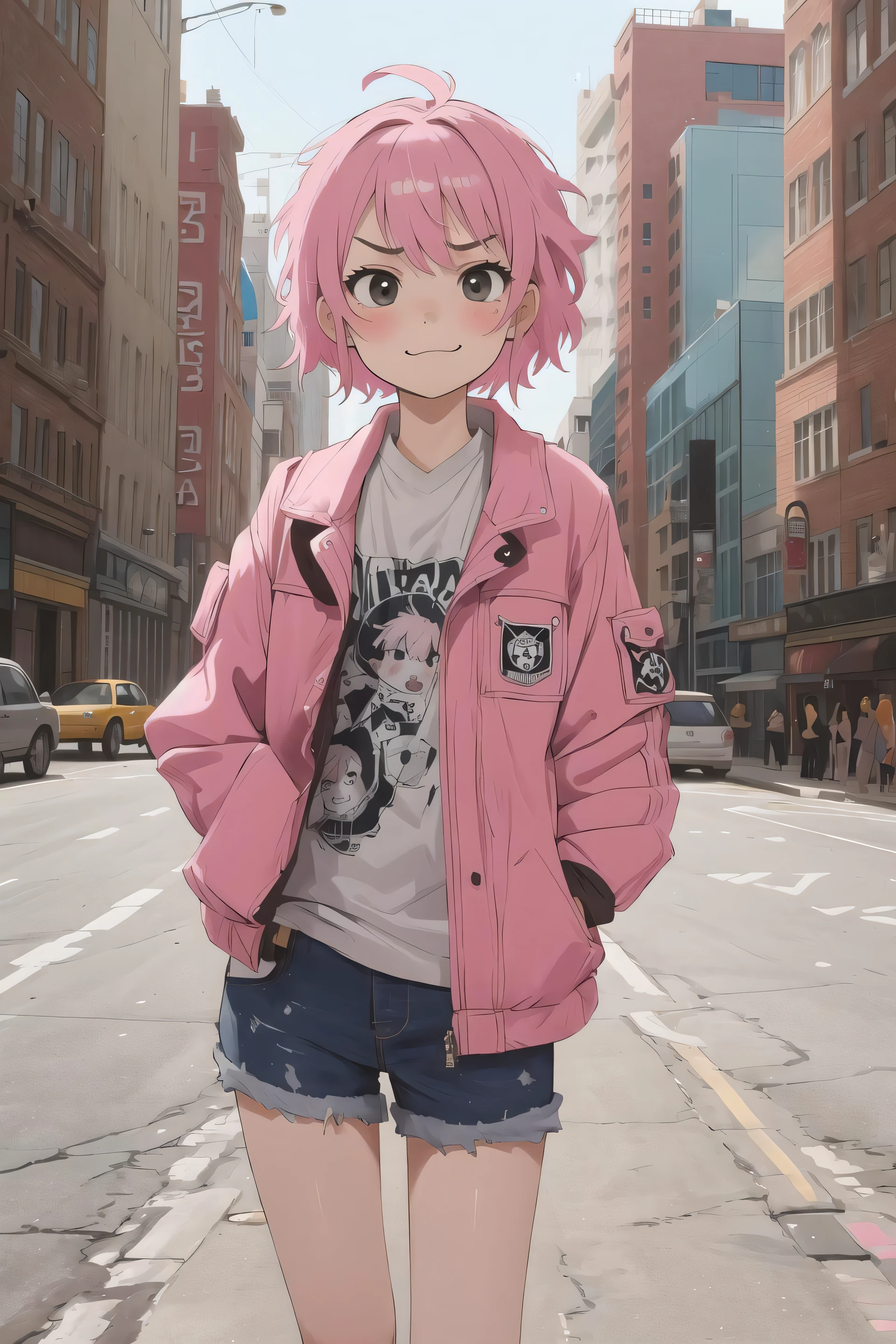 masterpiece,best quality,1girl,punk,pop,short pink hair,city,(frown:1),(smile:1.0),