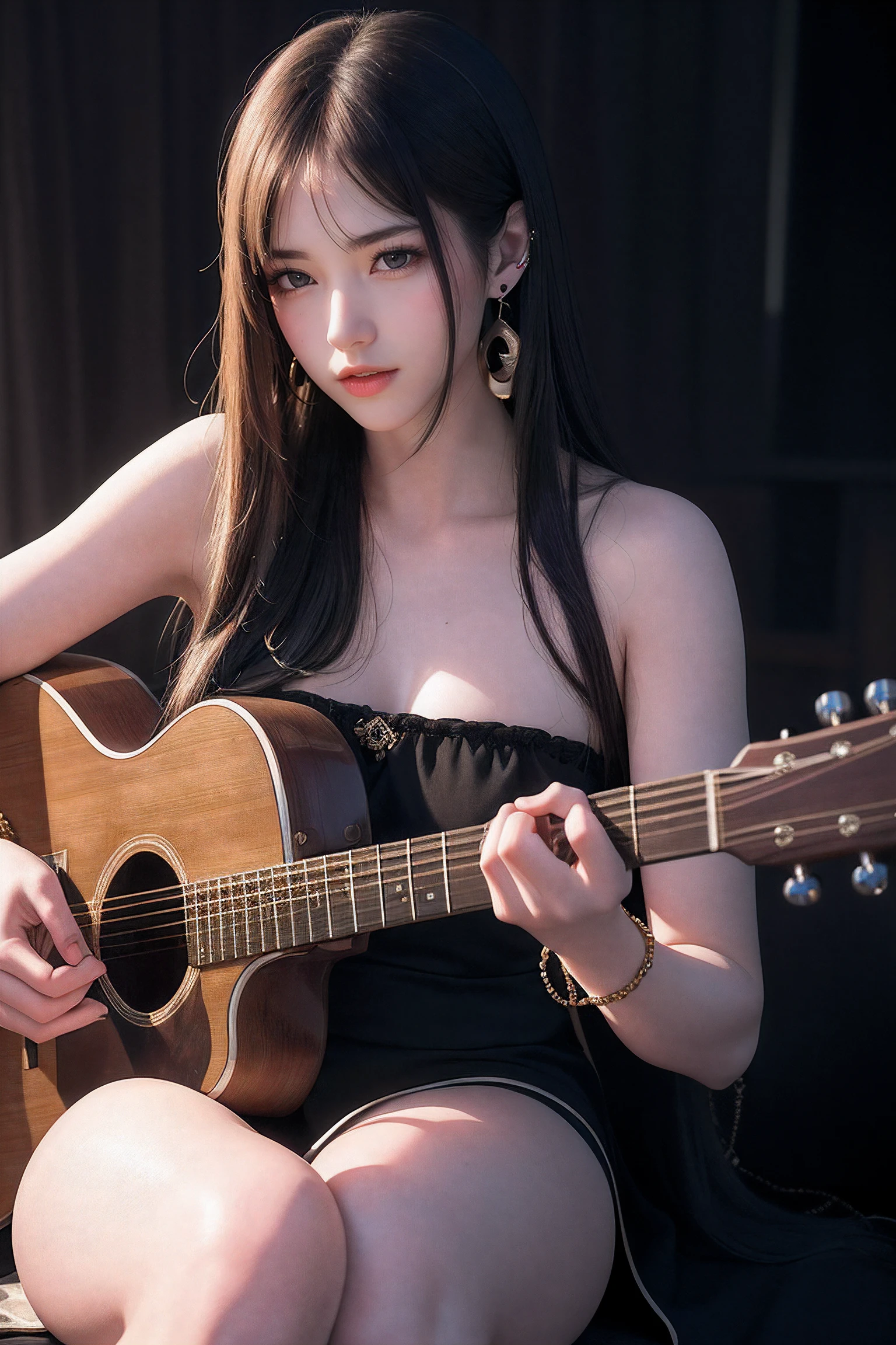 (8k, RAW photo, best quality, masterpiece:1.2),(realistic, photo-realistic:1.37),photo mapping,professional lighting,radiosity,1girl,solo,long_hair,(bracelet:1.1),(long legs:1.2),(earrings:1.1),physically-based rendering,proscenium,performance,be seated,unconventional guitar,close up to hands,