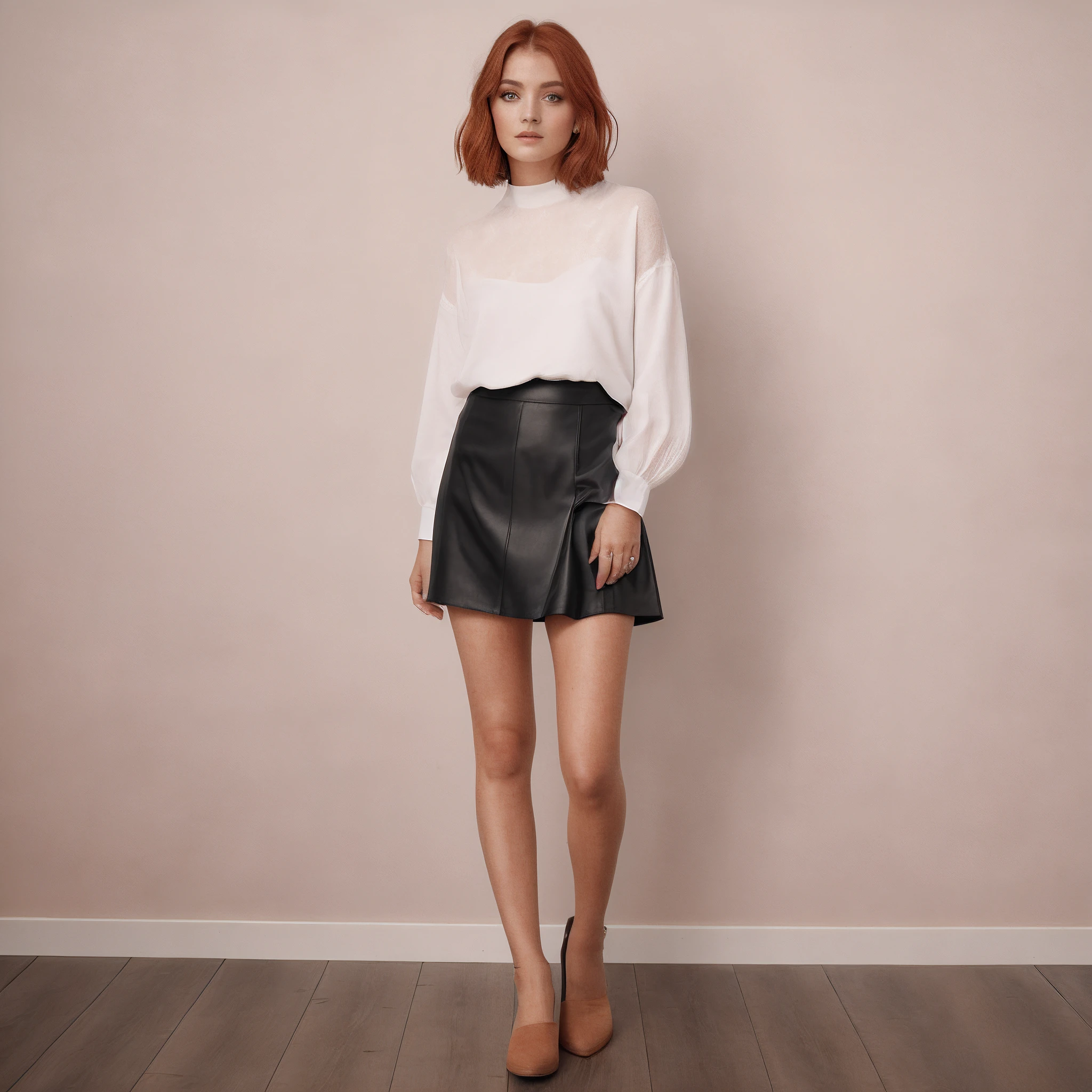RAW photo of beautiful girl, (ginger hair), pale skin, makeup, (bob red hair:1.1), BREAK, (full body, short black squared skirt, top:1.2), intricate details, 8k uhd, dslr, soft lighting, high quality, film grain, Fujifilm XT3