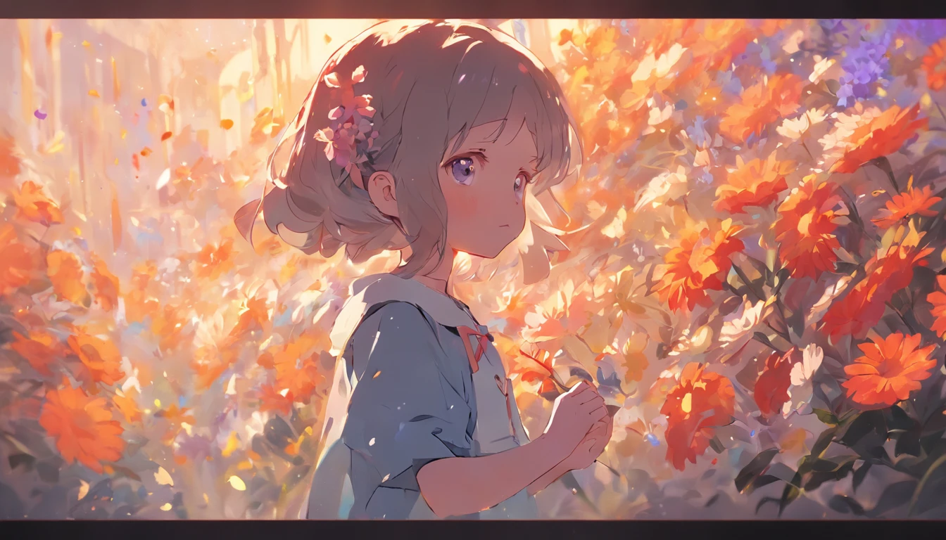 holding flowers,Meticulous painting style,Soft and fresh colors,Gentle lighting effects,Picturesque picture quality,Warm atmosphere
