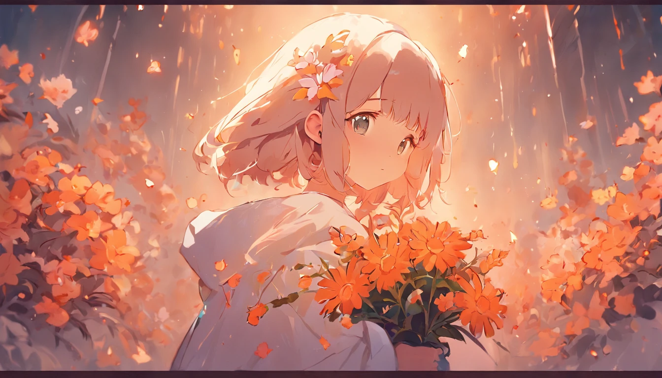 holding flowers,Meticulous painting style,Soft and fresh colors,Gentle lighting effects,Picturesque picture quality,Warm atmosphere
