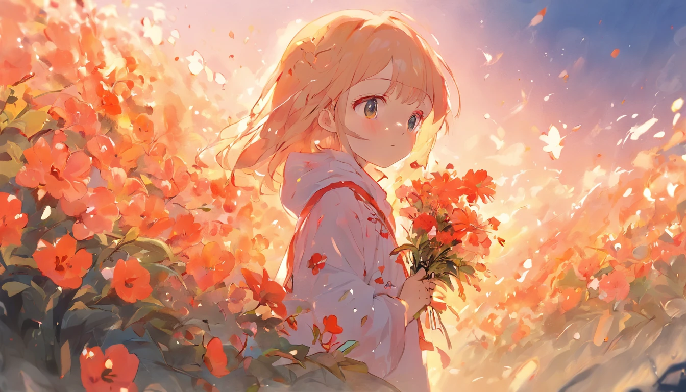 Little girl holding flowers,Meticulous painting style,Soft and fresh colors,Gentle lighting effects,Picturesque picture quality,Warm atmosphere