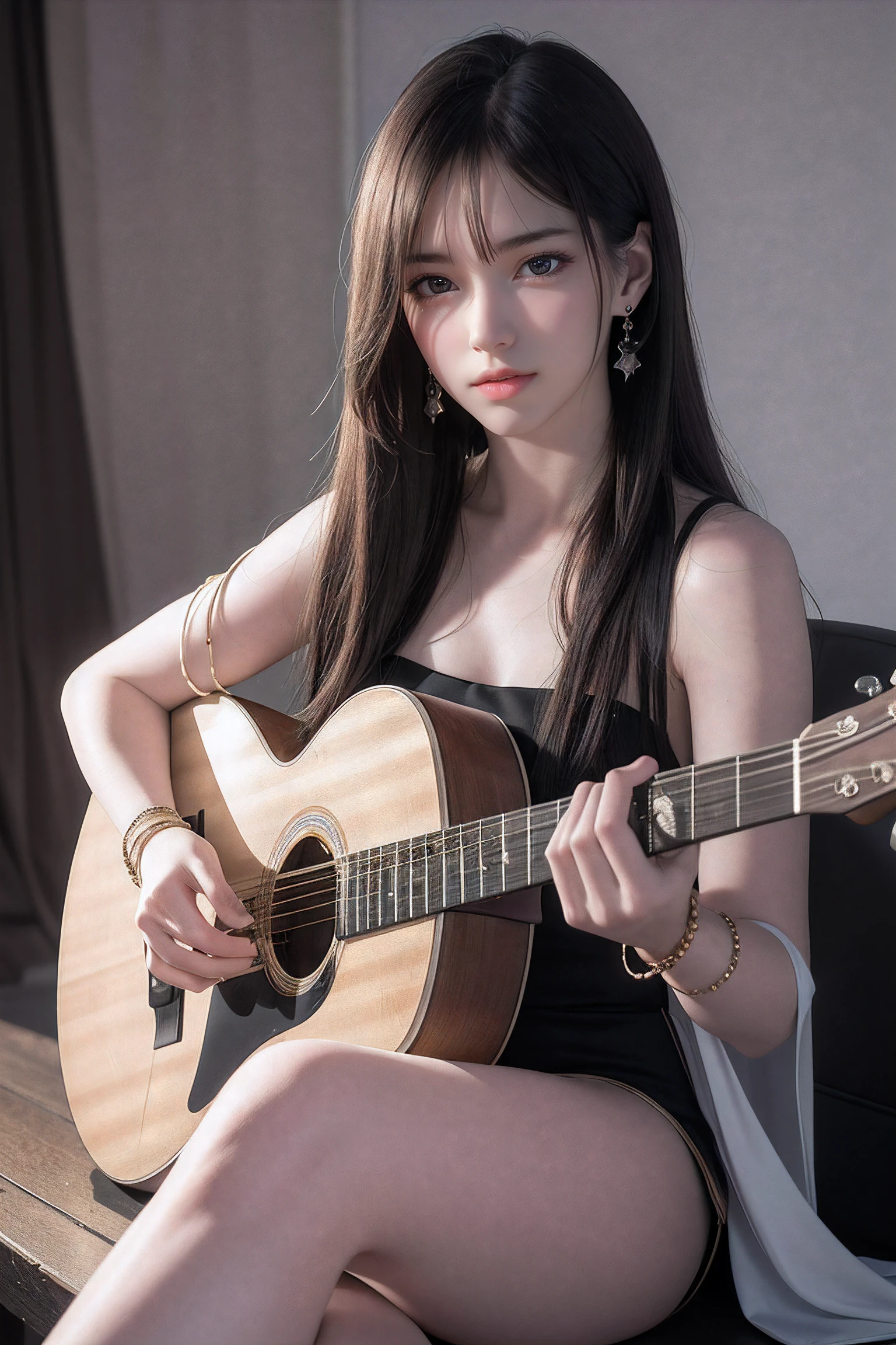 (8k, RAW photo, best quality, masterpiece:1.2),(realistic, photo-realistic:1.37),photo mapping,professional lighting,radiosity,1girl,solo,long_hair,(bracelet:1.1),(long legs:1.2),(earrings:1.1),physically-based rendering,proscenium,performance,be seated,unconventional guitar,close up to hands,