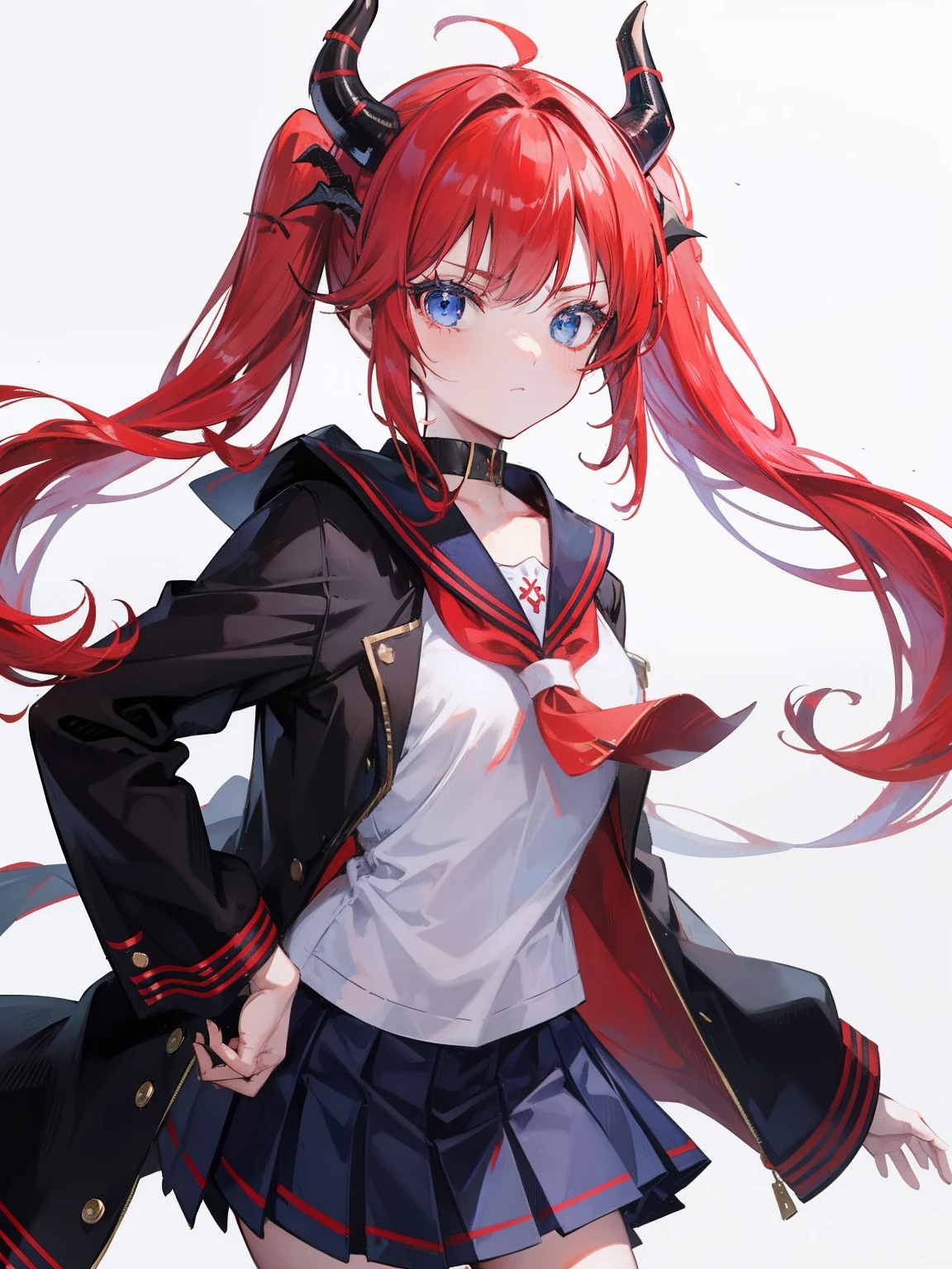 red hair, blue eyes, twintails, Sailor suit,black coat, Dragon horns,Pleated skirt,solo,bow