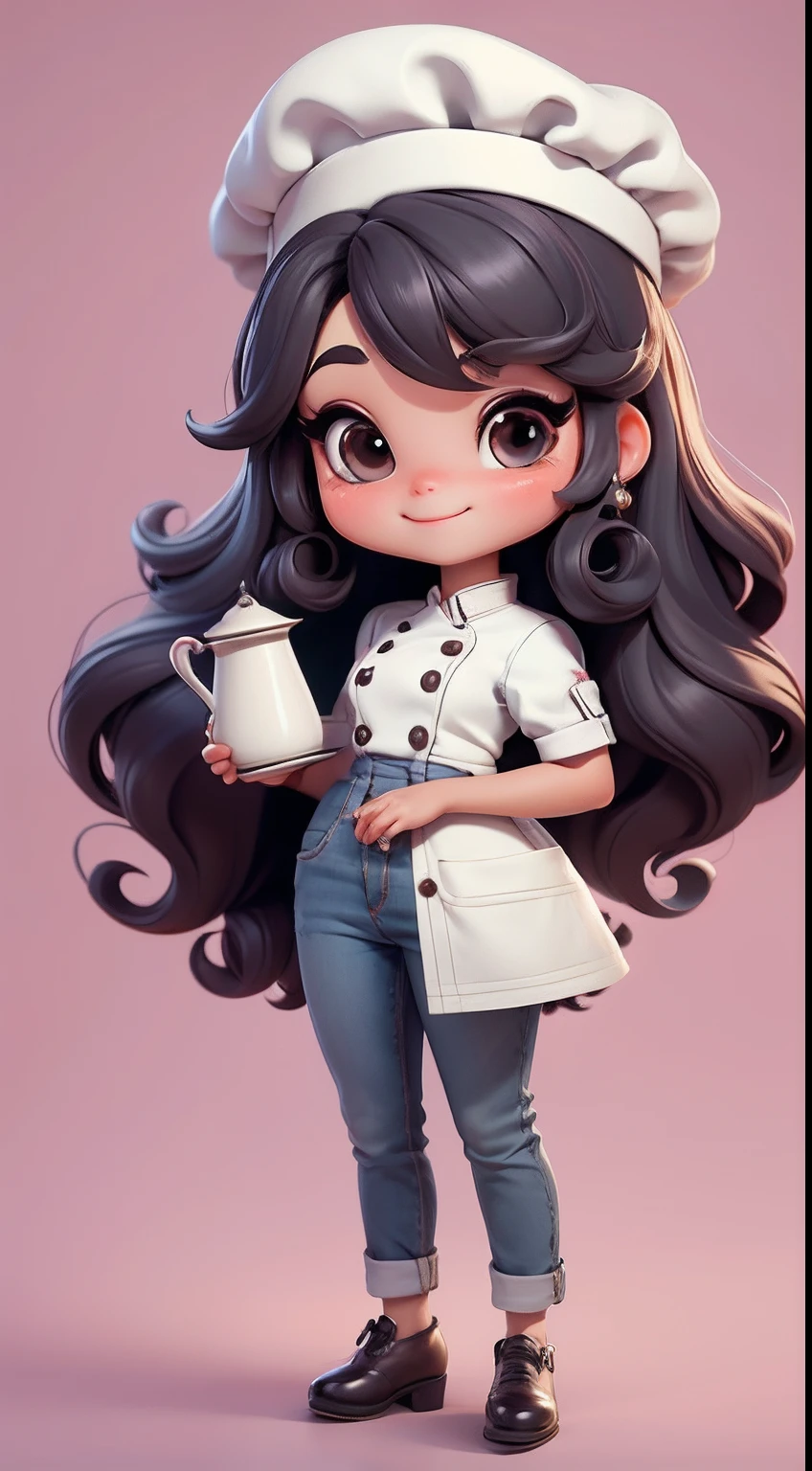 Create a series of cute  chibi style dolls with a cute pastry chef theme, each with lots of detail and in an 8K resolution. All dolls should follow the same solid background pattern and be complete in the image, mostrando o (corpo inteiro, incluindo as pernas: 1.5)

Boneca Mini Chef: Chame-a de Marina. Ela deve ter cabelo pequeno em tom preto marrom. Seus olhos devem ser grandes e expressivos, with long eyelashes and rosy cheeks. Sorriso delicado e branco. Sophie deve estar vestida com uma jaqueta de chef, striped pants and an ornate chef's hat. She must hold a chocolate brigadier in her hands. Certifique-se de adicionar detalhes nas roupas, such as buttons and pockets, sapato bonito

Certifique-se de adicionar sombras, texturas e detalhes nos cabelos, roupas, confectionery utensils, to make them even more adorable and charming.