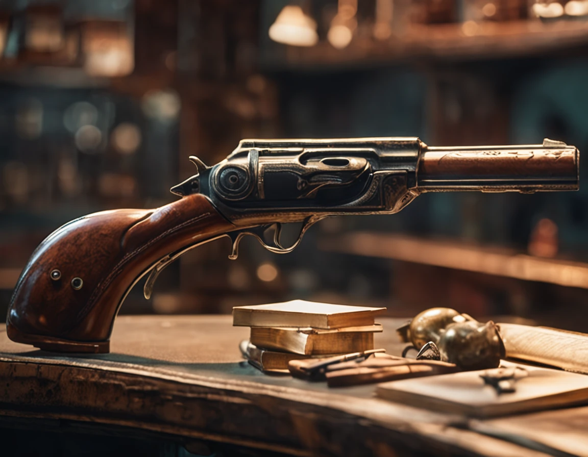 Best quality, Masterpiece, 超高分辨率, (photograph realistic:1.4), 8K,surrealism, Dream-like, (A gun:1.5),(A shotgun hangs on the wall:1.2), Display counter, (closeup cleavage:0.8)