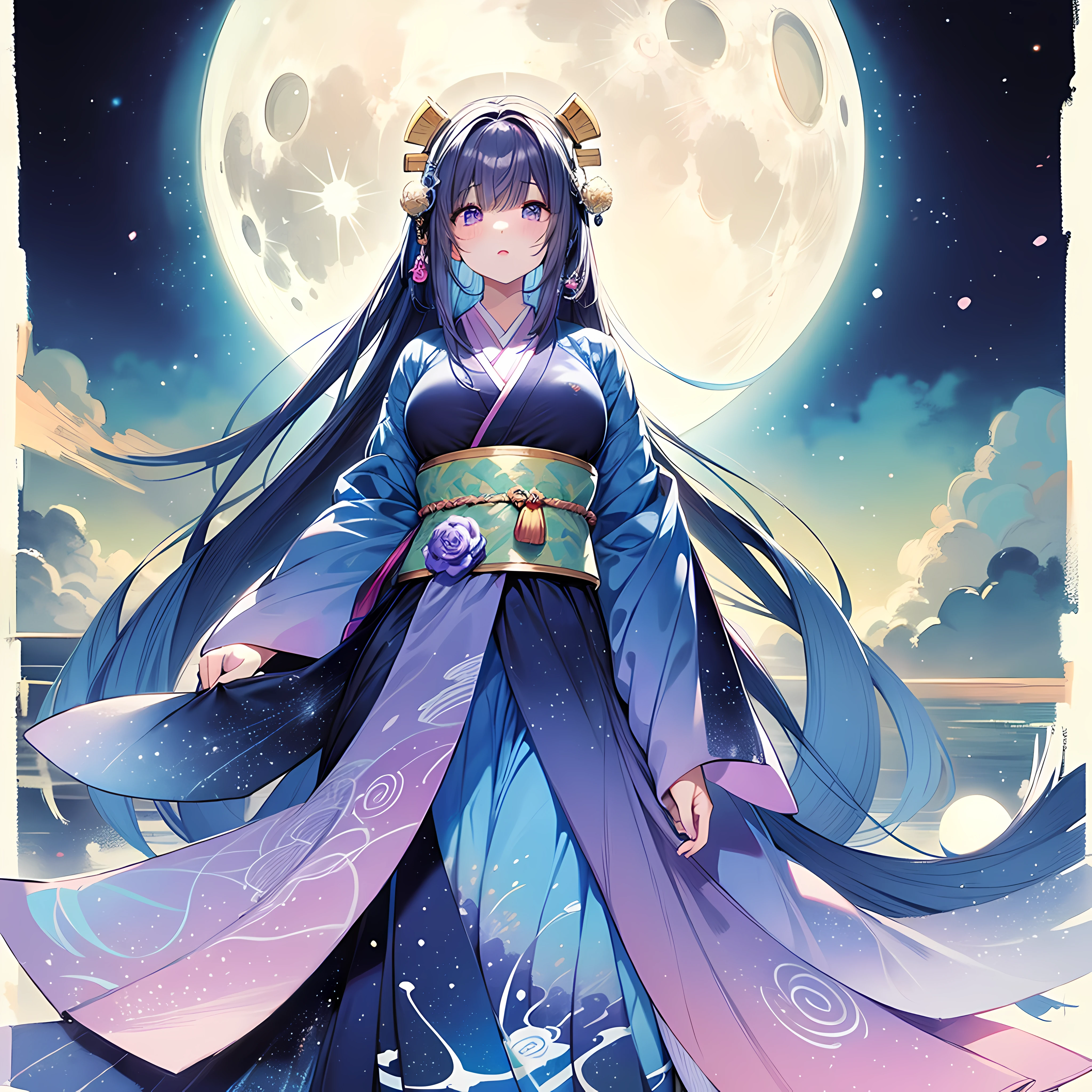 Painting of woman in 12 shirts blue and purple on moon background, Looking up at the moon, goddess of the moon, goddess of the moon, goddess of the moon, celestial goddess, beautiful celestial mage, goddess of Japan, Goddes of the Galaxy, anime goddess, by Yuumei, beautiful anime artwork, anime fantasy illustration, watercolor paiting, beautiful anime art