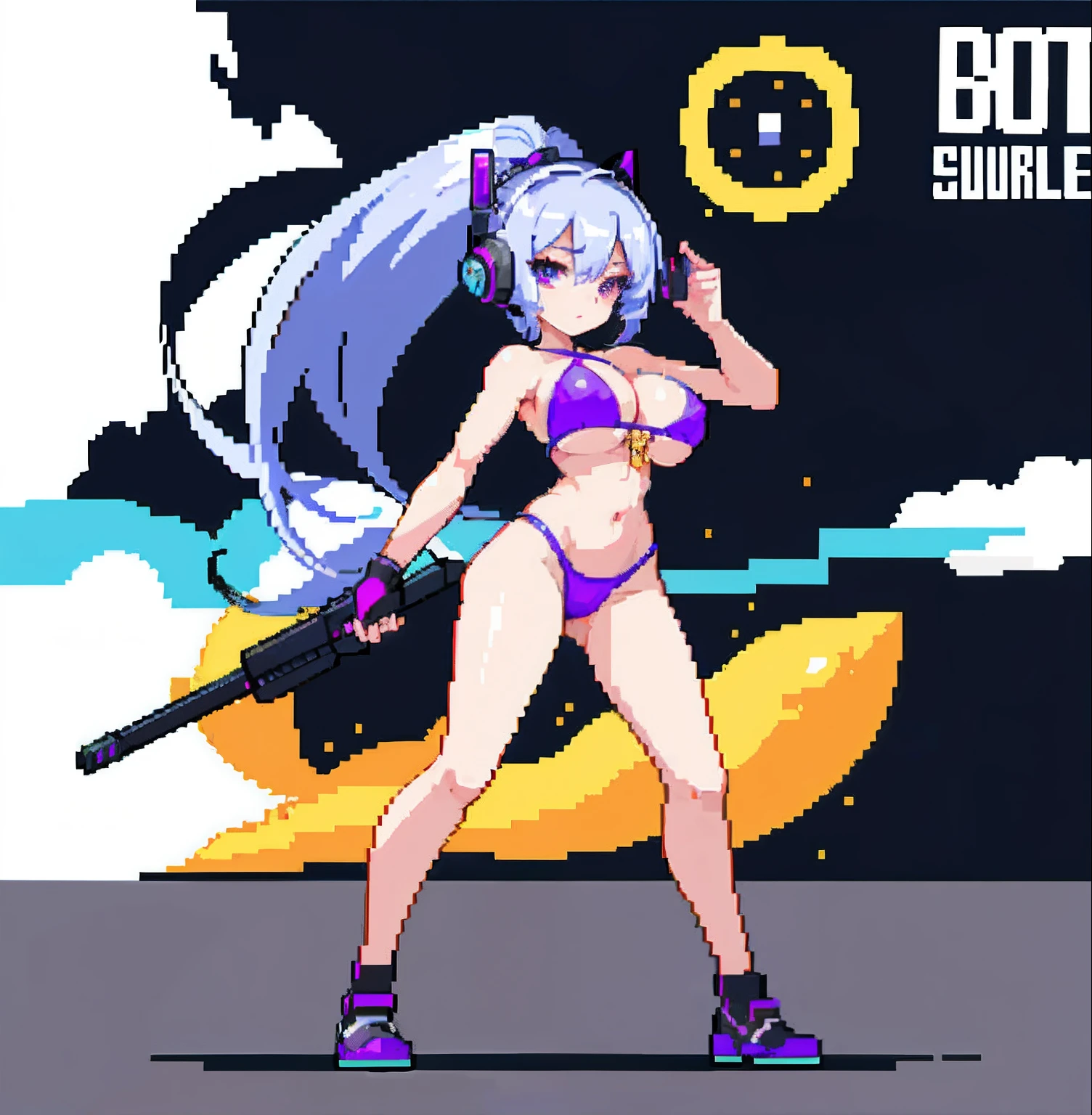 (​masterpiece、top-quality、top-quality)、pixels、Pixel art、hiquality、Girl in sexy bikini swimsuit running、explosions、loimu、story、big explosion、Cyber Headphones、Silvery hair、poneyTail、Purple eyes、Super explosion、Have a gun、Street、large full breasts、bustup