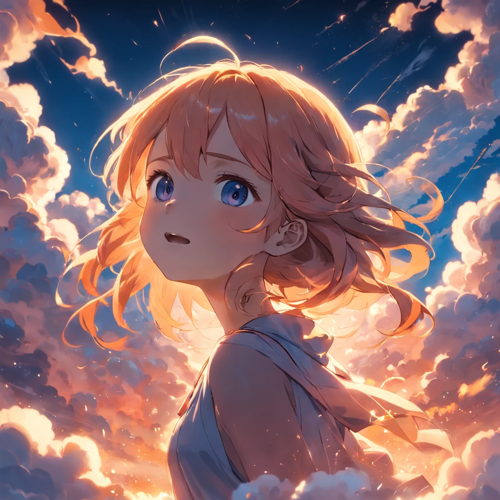 masterpiece, best quality, movie still, 1girl, cloud girl, floating in the sky, close-up, bright, happy, warm soft lighting, sunset, (sparks:0.7)
