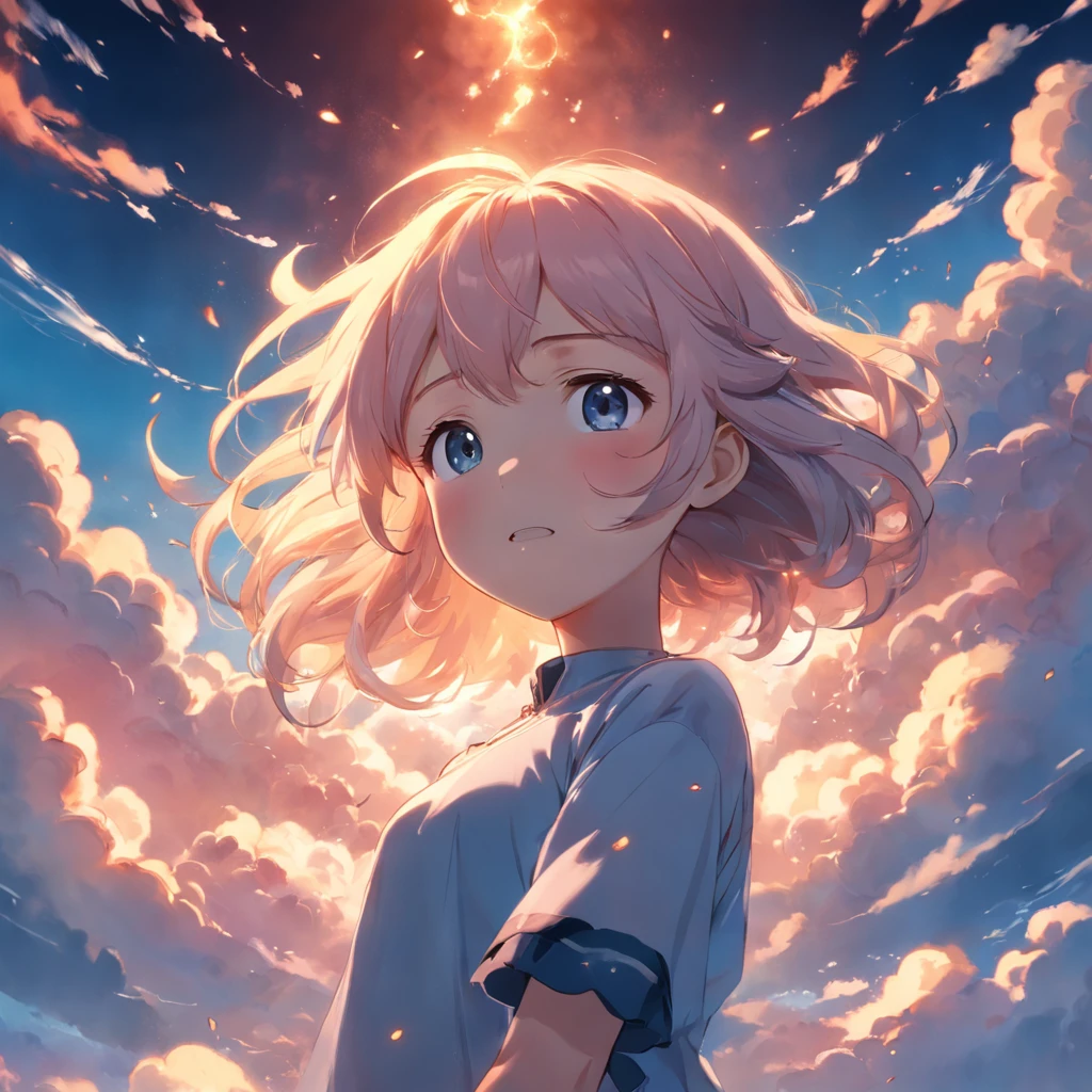 masterpiece, best quality, movie still, 1girl, cloud girl, floating in the sky, close-up, bright, happy, warm soft lighting, sunset, (sparks:0.7)