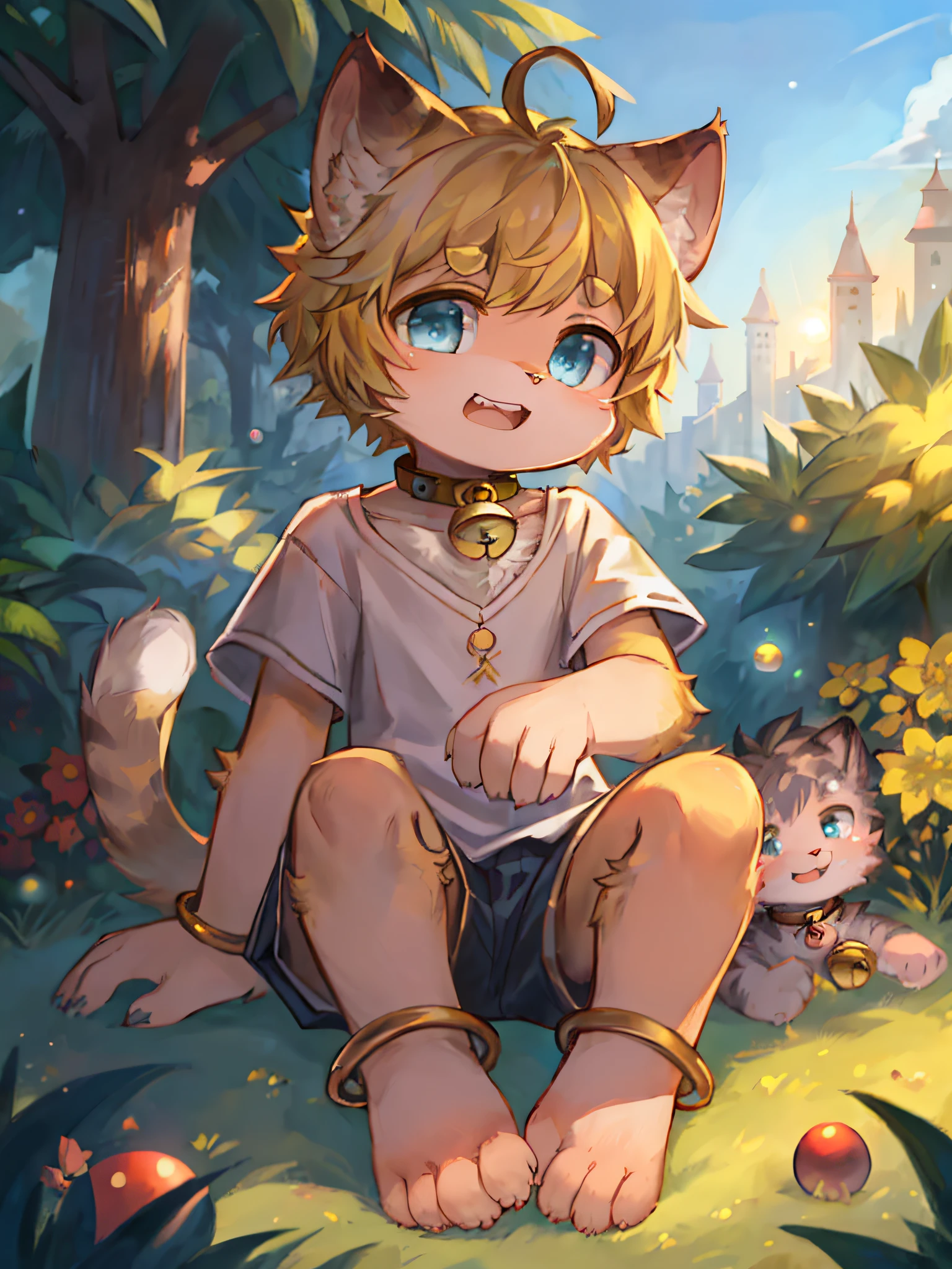 spheres,Stand in front of the garden,bobed hair,blondhair,Light blue eyes,Ahoge,Bell collar,FULLBODY,lenfant,Furries,cat ears,cat ears,open mouth,There are cat teeth,yun,SKY、,SKY,The sun,In summer,No spots,Cubs,Yellow hairs everywhere,Yellow fur everywhere,Hairy all over,Cat type,Fluffy cat tail,MasterPiece,quality portraits,human shape,Cubs,Solitary child boy,aeolian,Full Shot Shot,White top with short sleeves,gray shorts,Super cute face,Dore,Fluffy snow-white cat palm、hairy hands,The fingers are clearly defined,There are meat pads,There are toe pads,Beautiful palm,flesh pad,Structured,full body portrait,thecat's feet,hairy legs,Cute anklets,The face is hairy,Cat beard,No shoes
