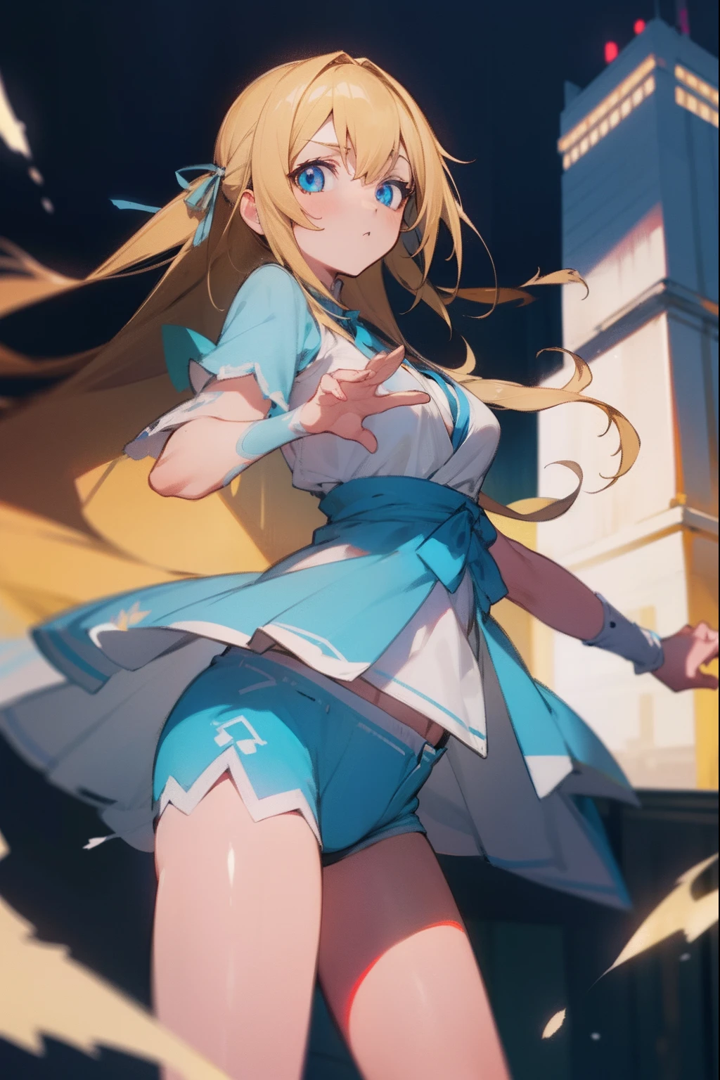 Amazisilphy, Sylphy, Blonde hair, Emerald eyes, Hair Ribbon, Long hair, bow ribbon, two side up,
Breaking cleavage, Shorts, Short shorts, Blue shorts,
BREAK looking at viewer,
BREAK outdoors, city,
BREAK (masutepiece:1.2), Best Quality, High resolution, Unity 8k壁纸, (Illustration:0.8), (Beautiful detailed eyes:1.6), extra detailed face, Perfect Lighting, extremely details CG, (Perfect hands, Perfect Anatomy),