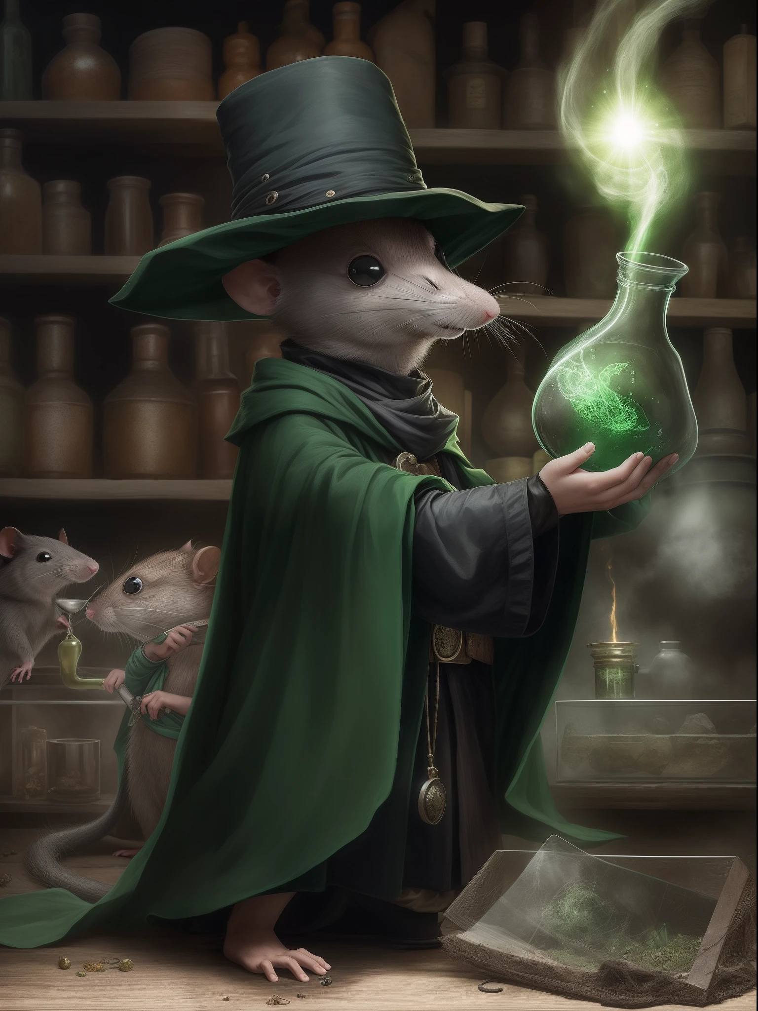 Beautiful, (masutepiece:1.2), (Best Quality:1.2), Realistic, Perfect eyes, Perfect face, Perfect Lighting, 1boy,"Plague doctor with dark mask and ancient costume, Holding a mysterious potion in a gloved hand, In a dark and enigmatic laboratory. in background, Glowing green color and poisonous ominous aura, emit rays of light. By Your Side, Little green pet rat, Observe curiously."