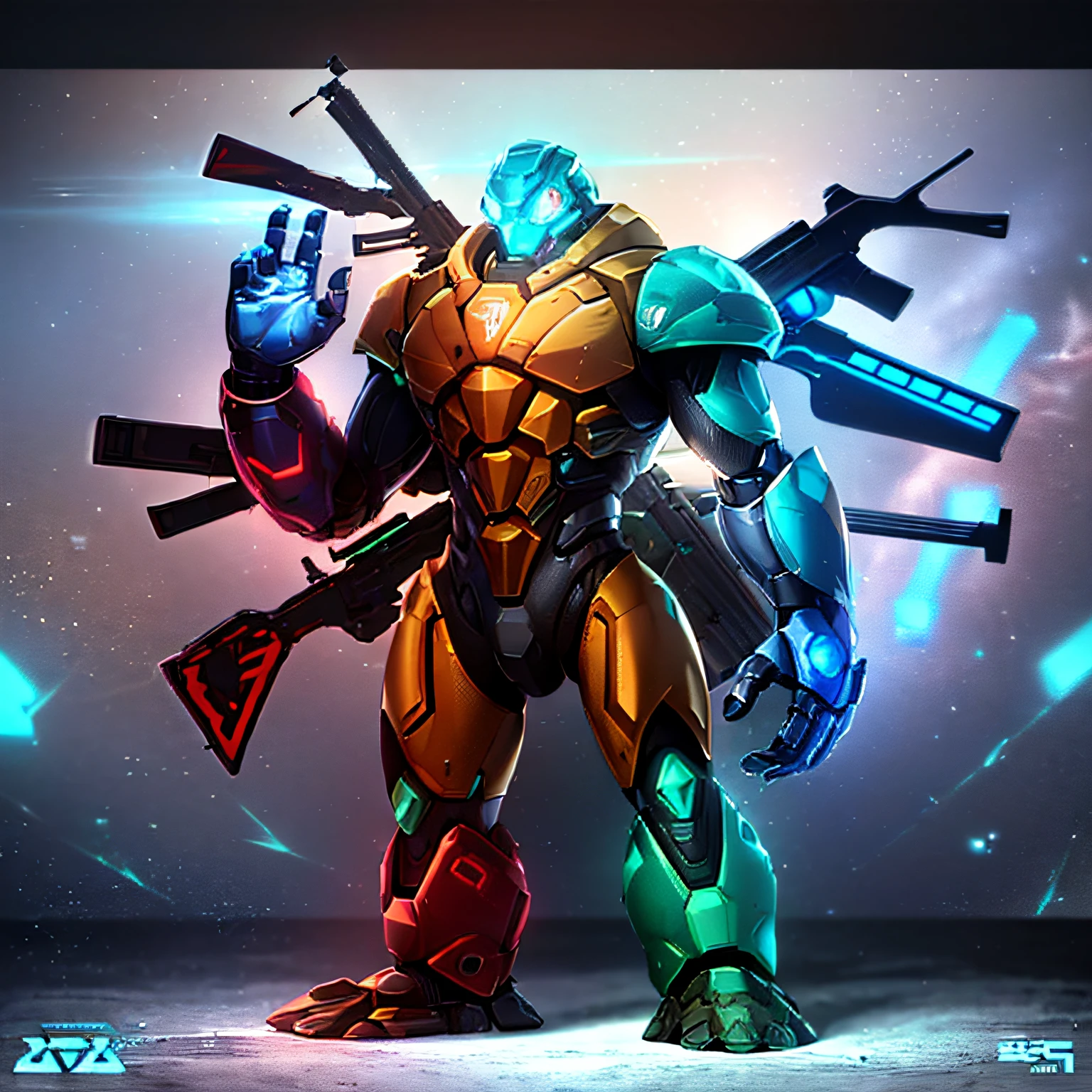 Close-up of a robot with a gun and gun, starcraft 2 videogame character, doom guy resembling samus, colorful muscular robot, greek god in mecha style, this character has cryokinesis, character art the contra, cyber fight armor, wario as the armored titan, cute elaborate epic robot, Samus, Samus Allan, fighting game character