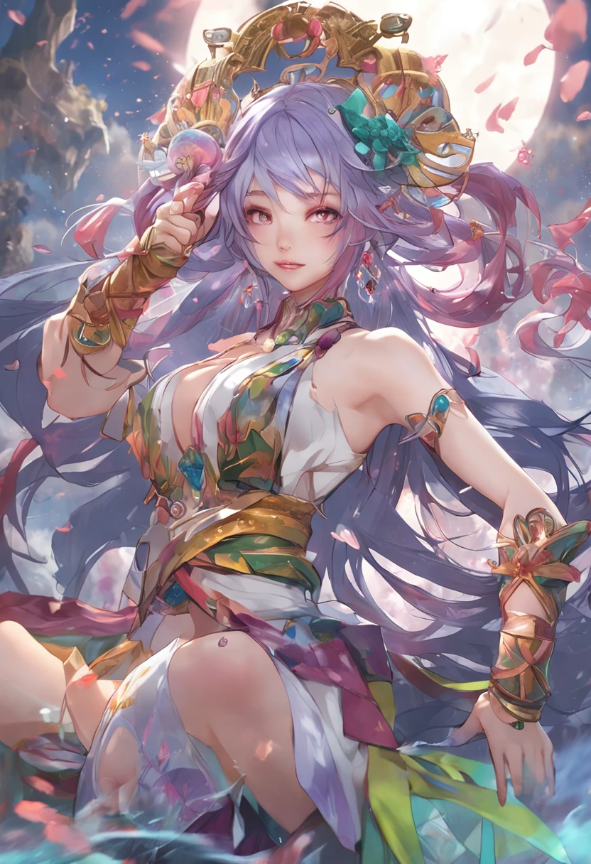 (Shen He's heirloom, Dreamy style, Extreme Fine 8k wallpaper, Most Best Illustration, An extremely delicate and beautiful painting, Suspension, A high resolution, Dynamic angle, Dynamic pose, 1 girl, eBlue eyes, (multicolour hair+silber hair:1.3+redheadwear:1.2+Purple hair big breasts+Yellow-haired:1.3+Green hair:1.3), White martial arts costume, Neck strap, beautiful countenance, Water drops drip like rain, Clouds, twilight, in a panoramic view, aquarelle)"