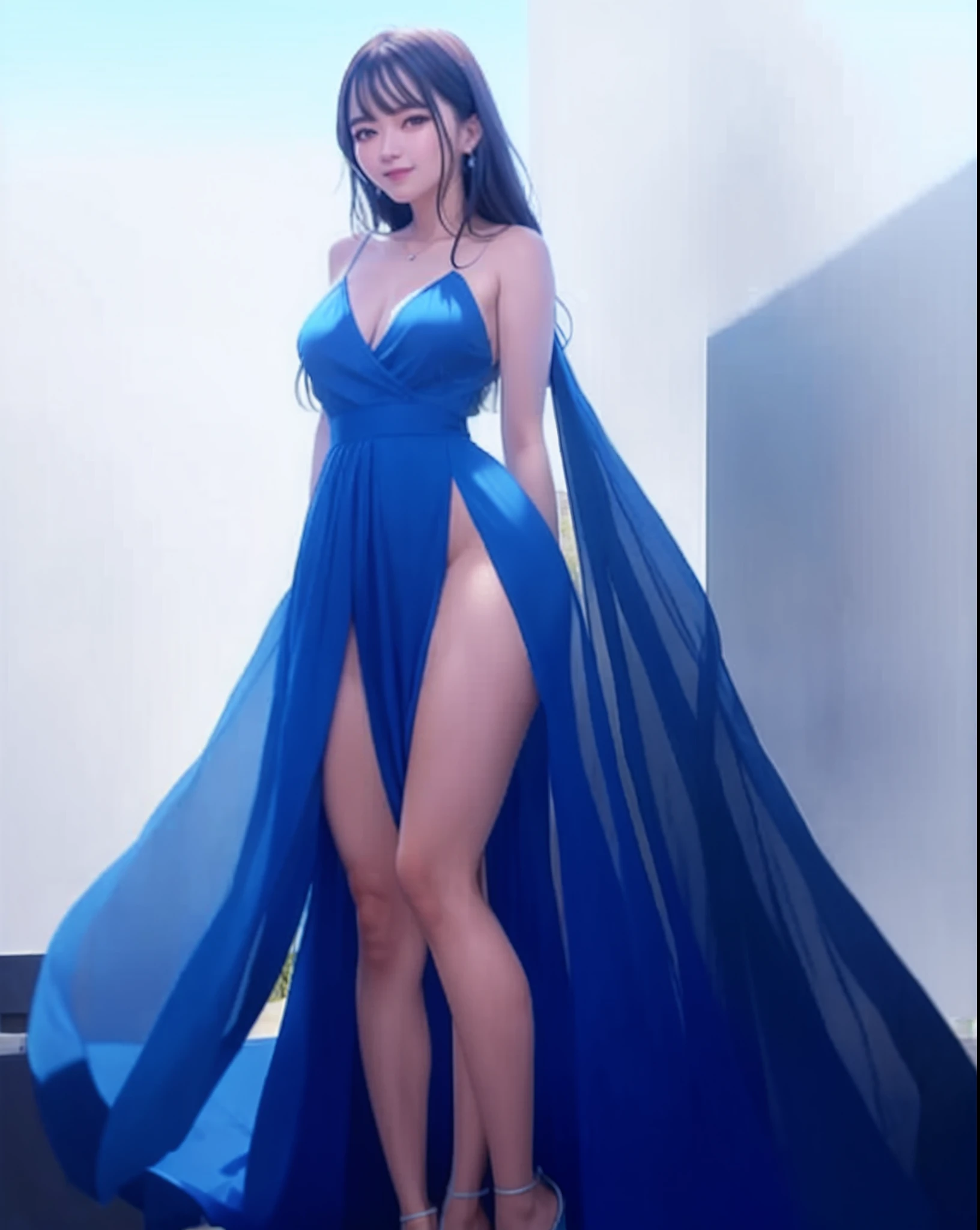 araffe woman in a blue dress standing on a balcony, in blue dress, wearing blue dress, long blue dress, blue dress, wearing a blue dress, wearing an elegant dress, blue silk dress, dressed in blue, with a thin waist, a blue dress, wearing a plastic blue dress, doing an elegant pose, full body photogenic shot, stunning elegant pose