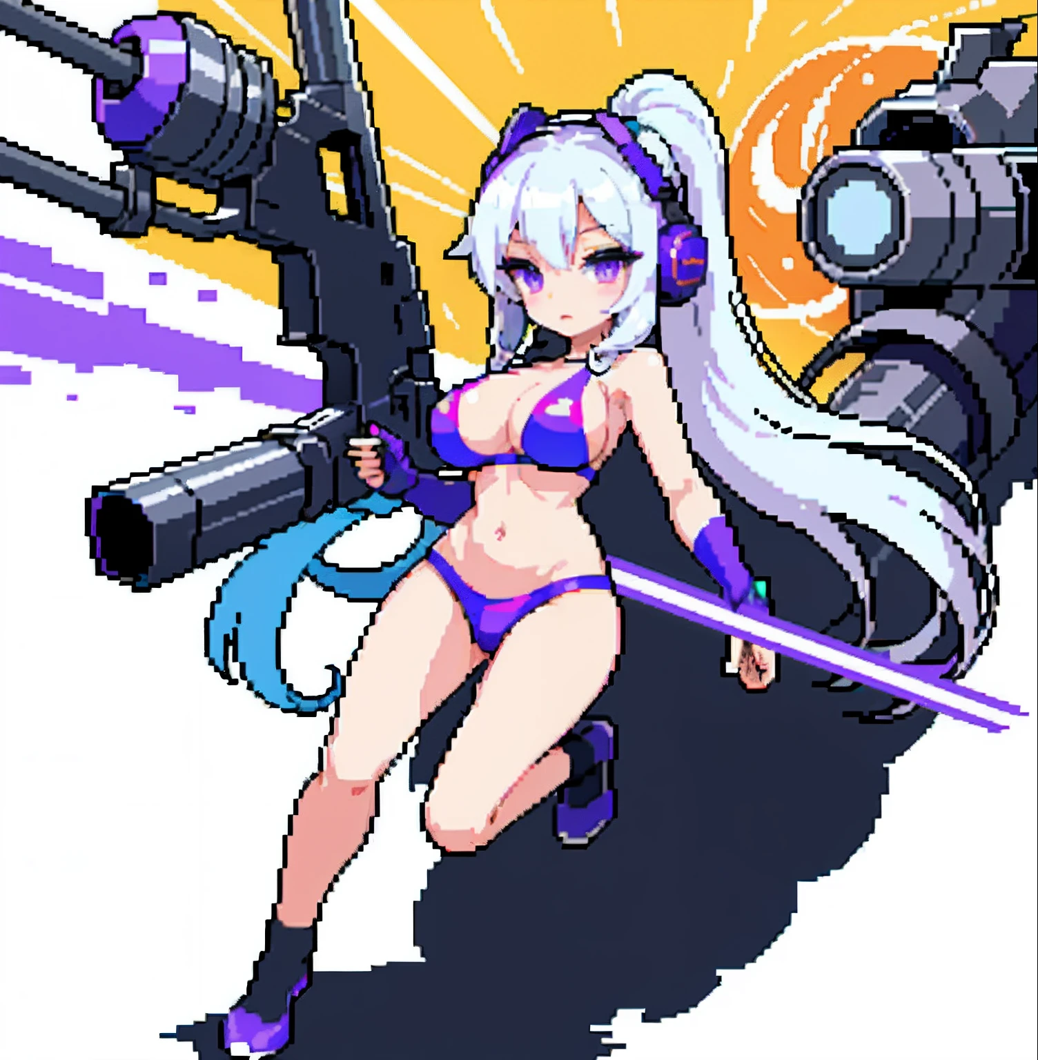 (​masterpiece、top-quality、top-quality)、pixels、Pixel art、hiquality、Girl in sexy bikini swimsuit running、explosions、loimu、story、big explosion、Cyber Headphones、Silvery hair、poneyTail、Purple eyes、Super explosion、Have a gun、Street、large full breasts、bustup
