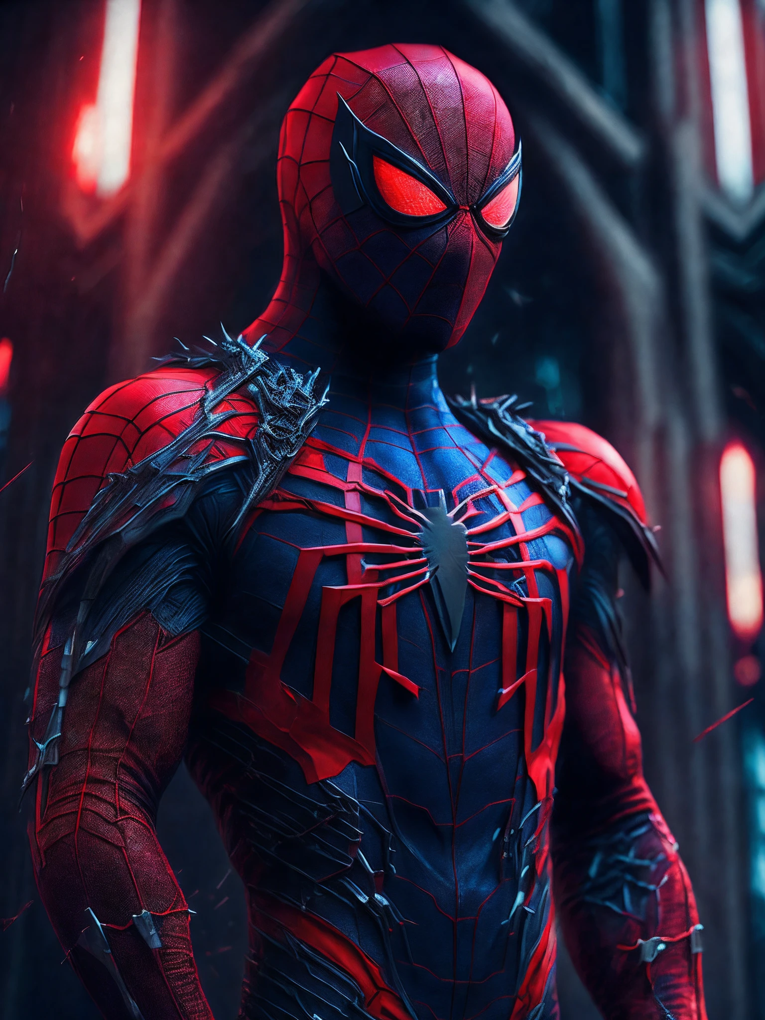 мрачный портрет Killer Spider-Man (The whole suit is covered in blood, torn suit pieces) da Marvel, with intricate and angular cybernetic implants inside a brutalist building, Gothic brutalist cathedral, Cyberpunk, Foto premiada, Bokeh, neon lights, Membro 4K Cyber cor verde