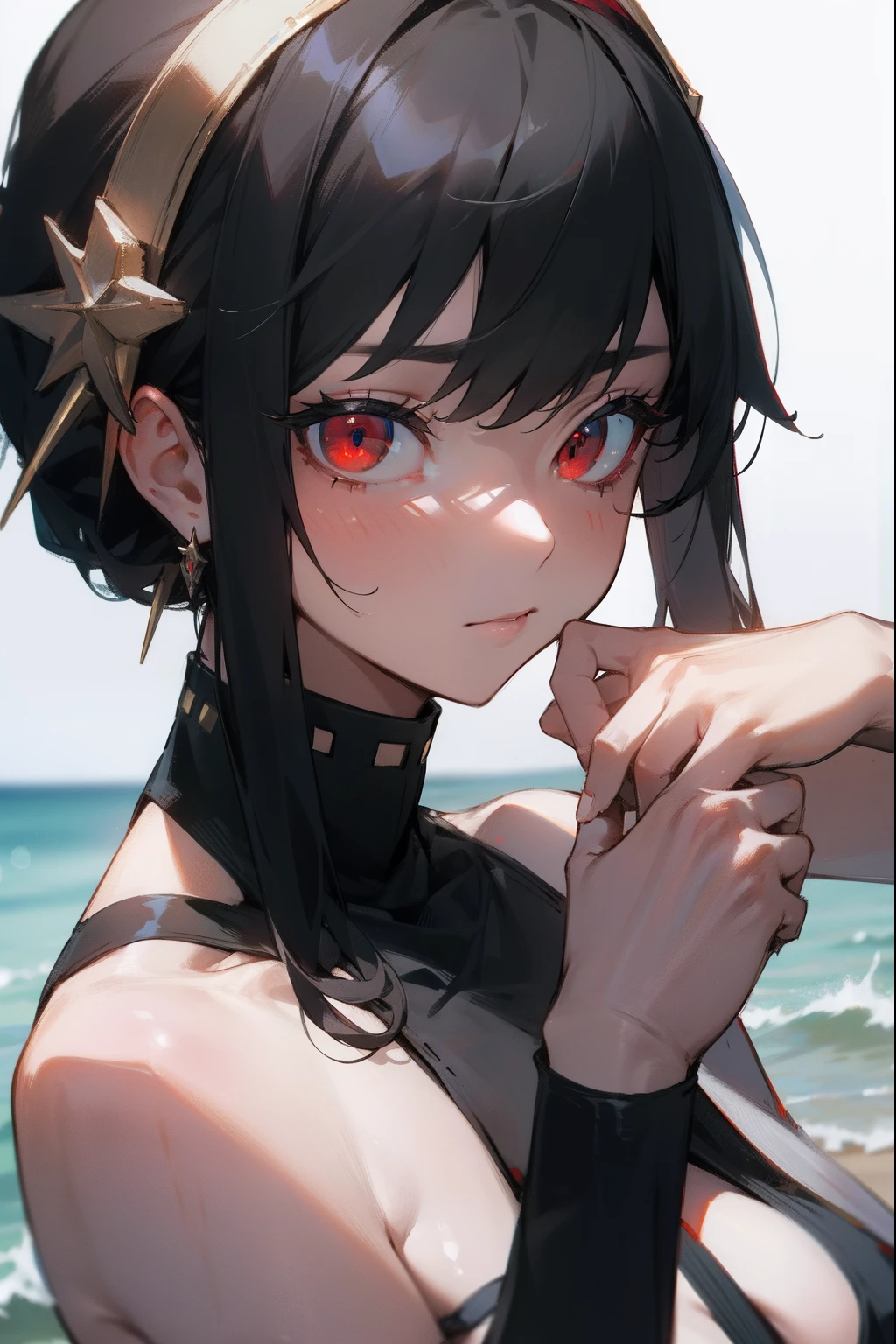 yorbriar, yor briar, black hair, (red eyes:1.5), earrings, gold hairband, hairband, long hair, sidelocks,
BREAK bikini,
BREAK outdoors, beach,
BREAK looking at viewer,
BREAK (masterpiece:1.2), best quality, high resolution, unity 8k wallpaper, (illustration:0.8), (beautiful detailed eyes:1.6), extremely detailed face, perfect lighting, extremely detailed CG, (perfect hands, perfect anatomy),
