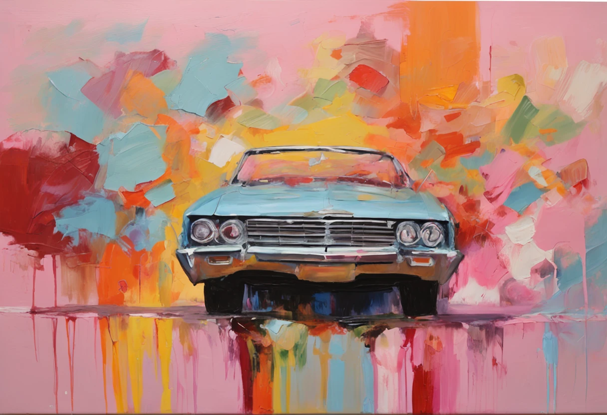 1964 Chevrolet impala, not extending to borders, corpo inteiro, Centrado, looking at the camera, Approaching perfection, Dynamic, luar, altamente detalhado, pintura em aquarela, art-station, arte conceitual, liso, foco nítido, illustration, arte de Carne Griffiths e Wadim Kashin