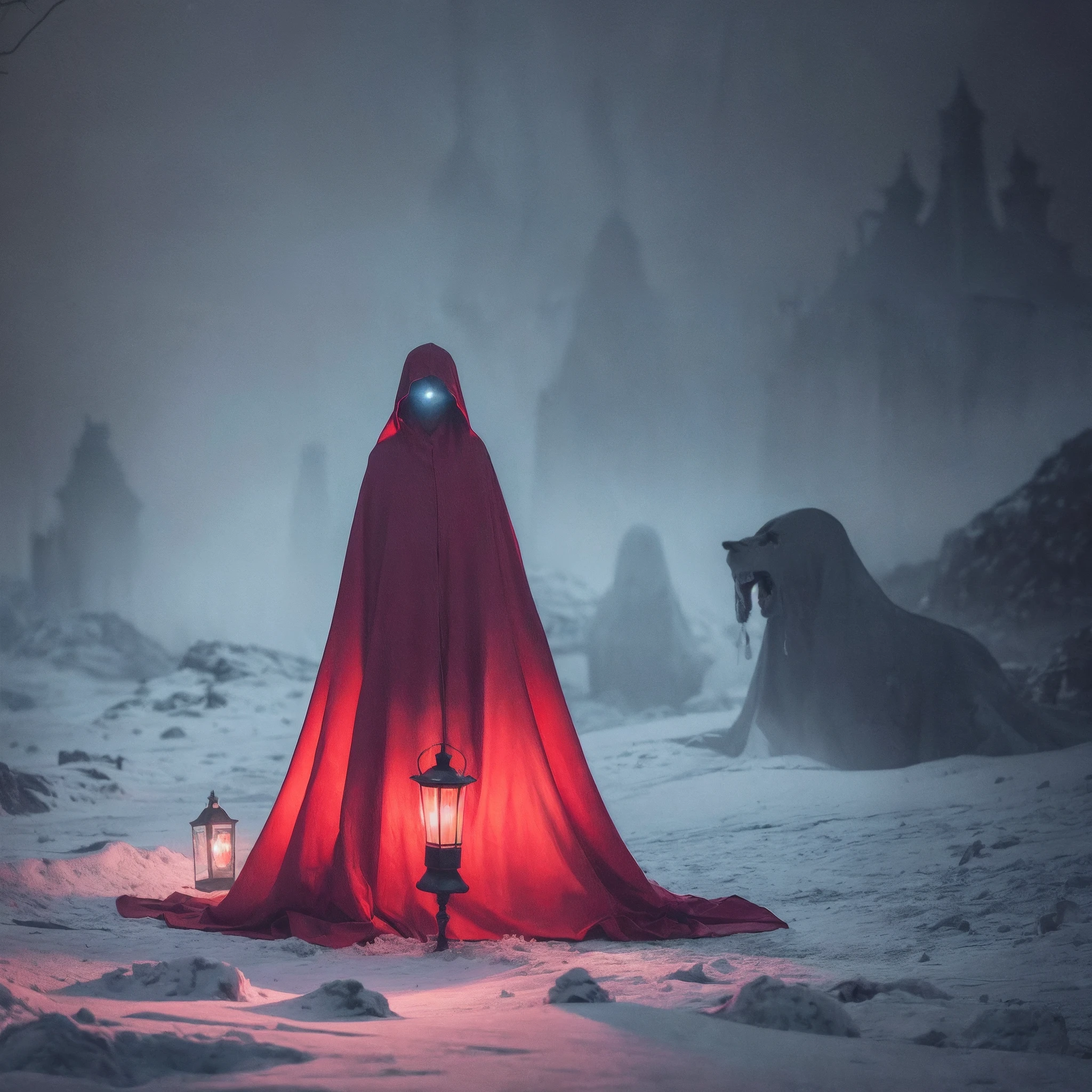 (((8K, very high resolution, Masterpiece))), Generate high-resolution images of ghosts, An evil spirit,Wander the mortal realm,Find the soul to take. The ghost should be depicted as a shrouded figure, Its face was covered by a red cloth, Its body is winding in an ethereal spirit, Spooky mist. The ghost is supposed to hold a lantern that emits spectral light, It is used to guide souls that it deems unworthy of rest to their ultimate destiny. The lantern was fastened to one of his hands with spiked chains, When pointing at the audience,Should dangle under his outstretched arms.
The environment should be dark and eerie, Depict ghosts as harbingers of death and despair. The background is icy, Dark cave, Weak light, Lanterns mainly from ghosts. The color should be soft and ominous, Focus on shades of red and blue. Use stable diffusion to ensure that the resulting images are visually consistent and coherent, With a high level of detail and realism. --auto