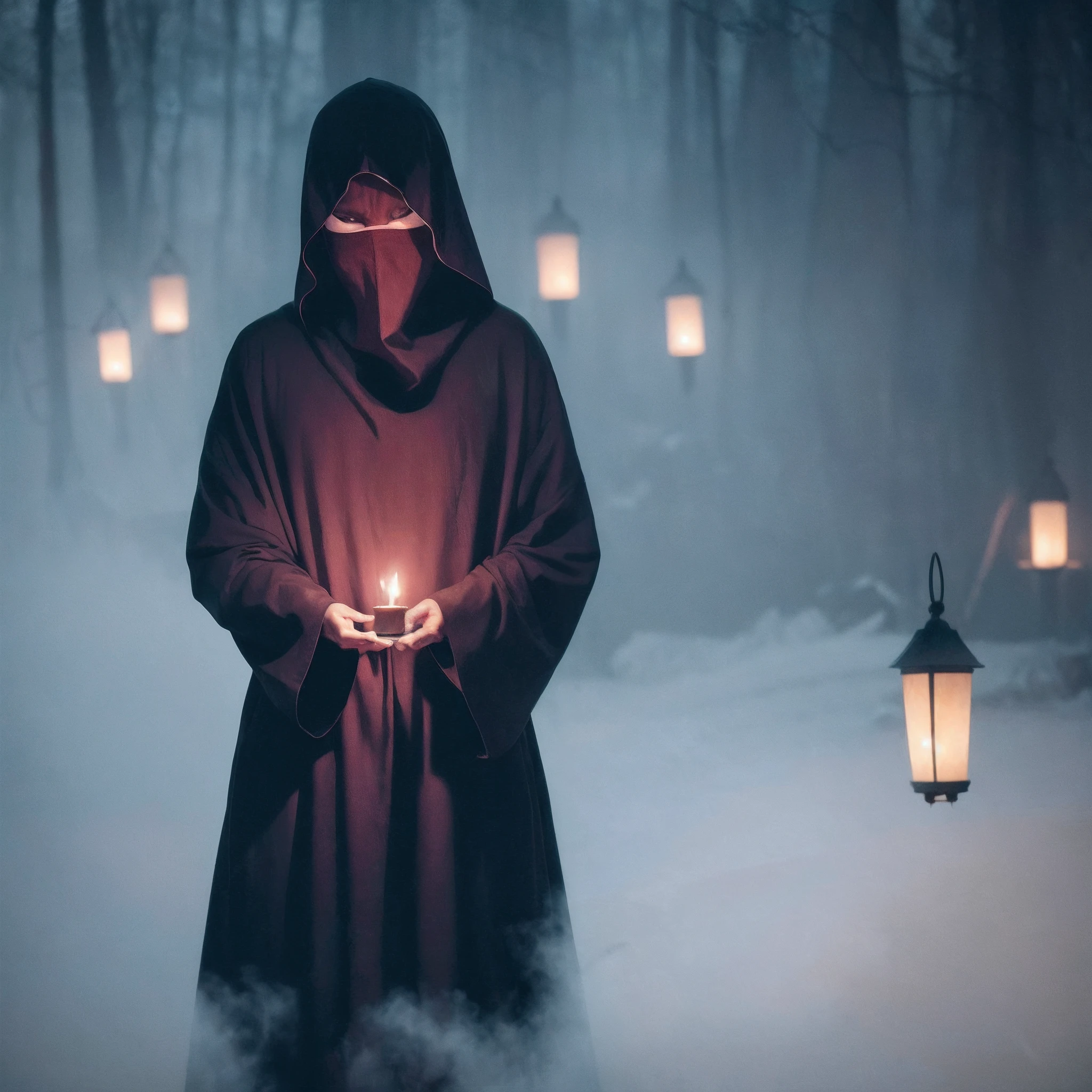 (((8K, very high resolution, Masterpiece))), Generate high-resolution images of ghosts, An evil spirit,Wander the mortal realm,Find the soul to take. The ghost should be depicted as a shrouded figure, Its face was covered by a red cloth, Its body is winding in an ethereal spirit, Spooky mist. The ghost is supposed to hold a lantern that emits spectral light, It is used to guide souls that it deems unworthy of rest to their ultimate destiny. The lantern was fastened to one of his hands with spiked chains, When pointing at the audience,Should dangle under his outstretched arms.
The environment should be dark and eerie, Depict ghosts as harbingers of death and despair. The background is icy, Dark cave, Weak light, Lanterns mainly from ghosts. The color should be soft and ominous, Focus on shades of red and blue. Use stable diffusion to ensure that the resulting images are visually consistent and coherent, With a high level of detail and realism. --auto