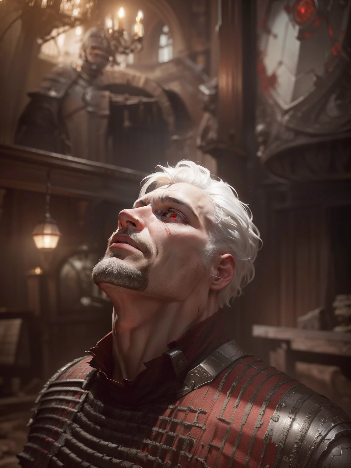 In background trading setup,(8k, RAW photo, highest quality),(epic realistic:1.5), 1boy, caucasian, white hair, smirk, ((bright red eyes)), photorealistic, evil look, full armor, dark souls, intricate details,cinematic, dark studio,(hdr:1.5),detailed, muted colors