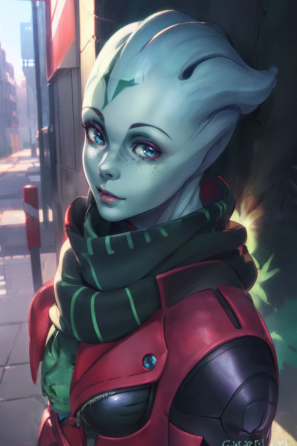 (anime), (((Asari:1.1))), (((green_skin:1.1))), beautiful face, corner smile, shy and friendly smile, Detailed lips, (((crimson lips))), blue eyes , ((Freckles)), omega symbol tattooed on forehead, (mature adult: 1.5), ((looking at camera)) |no eyebrows|