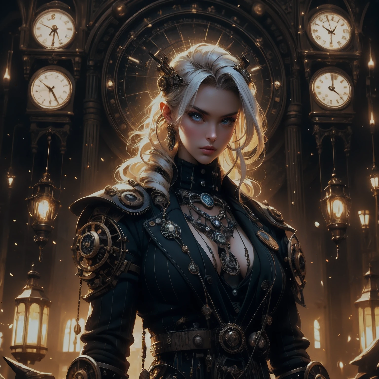 film grain, high quality, warm colors, colorful, OverallDetail, volumetric lighting, backlight, rim light, 1 girl, adult (elven:0.7) woman, yellow eyes, blonde razor cut hair, Style-GravityMagic, solo, (full body:0.6), looking at viewer, detailed background, detailed face, (steampunkai, steampunk theme:1.1) (time sorcerer:1.1), timeless, endless space, circular patterns, clock, clockwork, clock gears, sands of time, energy, dynamic pose, light aura, cosmic space in background, epic atmosphere