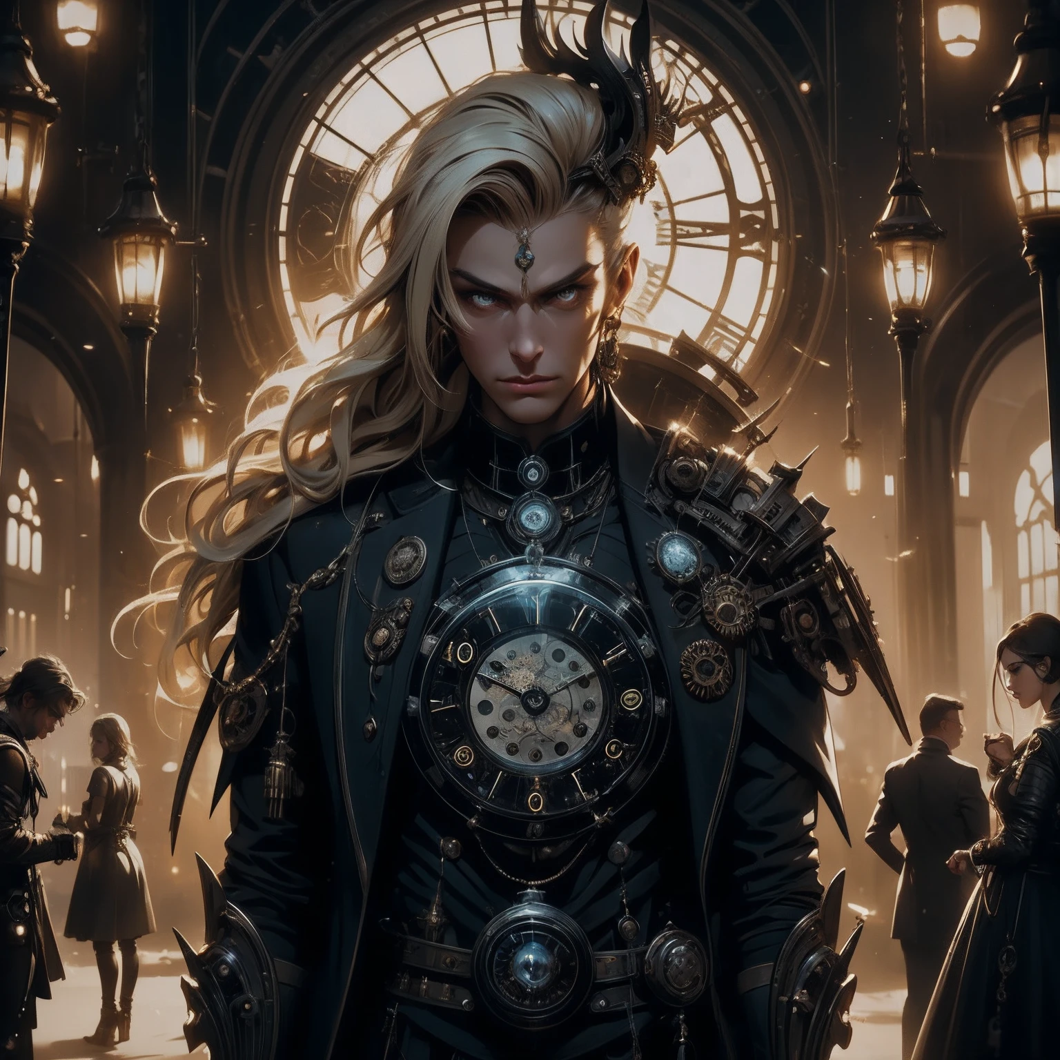 film grain, high quality, warm colors, colorful, OverallDetail, volumetric lighting, backlight, rim light, 1 girl, adult (elven:0.7) woman, yellow eyes, blonde razor cut hair, Style-GravityMagic, solo, (full body:0.6), looking at viewer, detailed background, detailed face, (steampunkai, steampunk theme:1.1) (time sorcerer:1.1), timeless, endless space, circular patterns, clock, clockwork, clock gears, sands of time, energy, dynamic pose, light aura, cosmic space in background, epic atmosphere